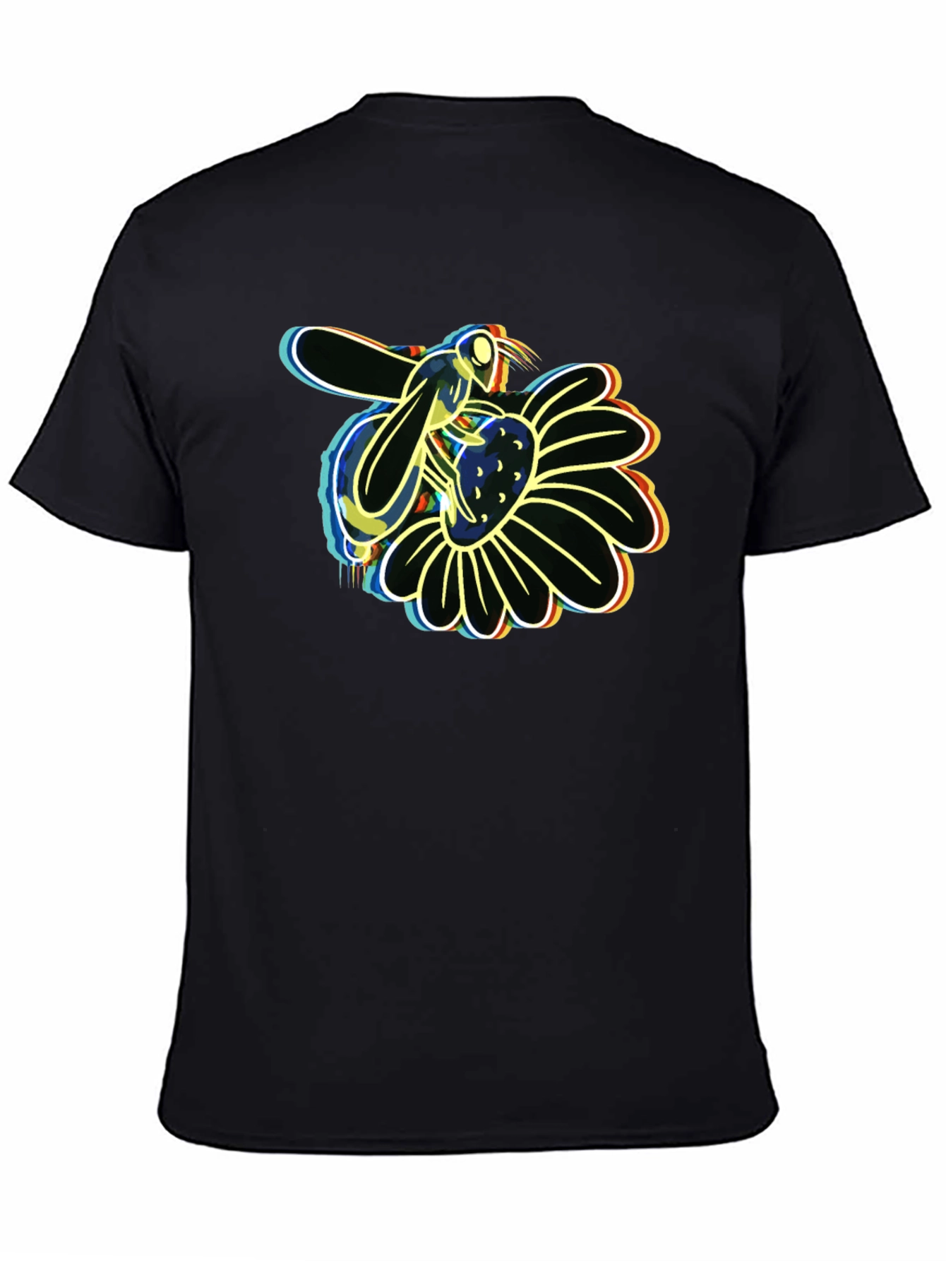 Neon Bee on Flower Graphic Black T-Shirt