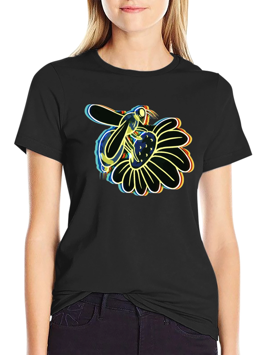 Neon Bee on Flower Graphic Black T-Shirt