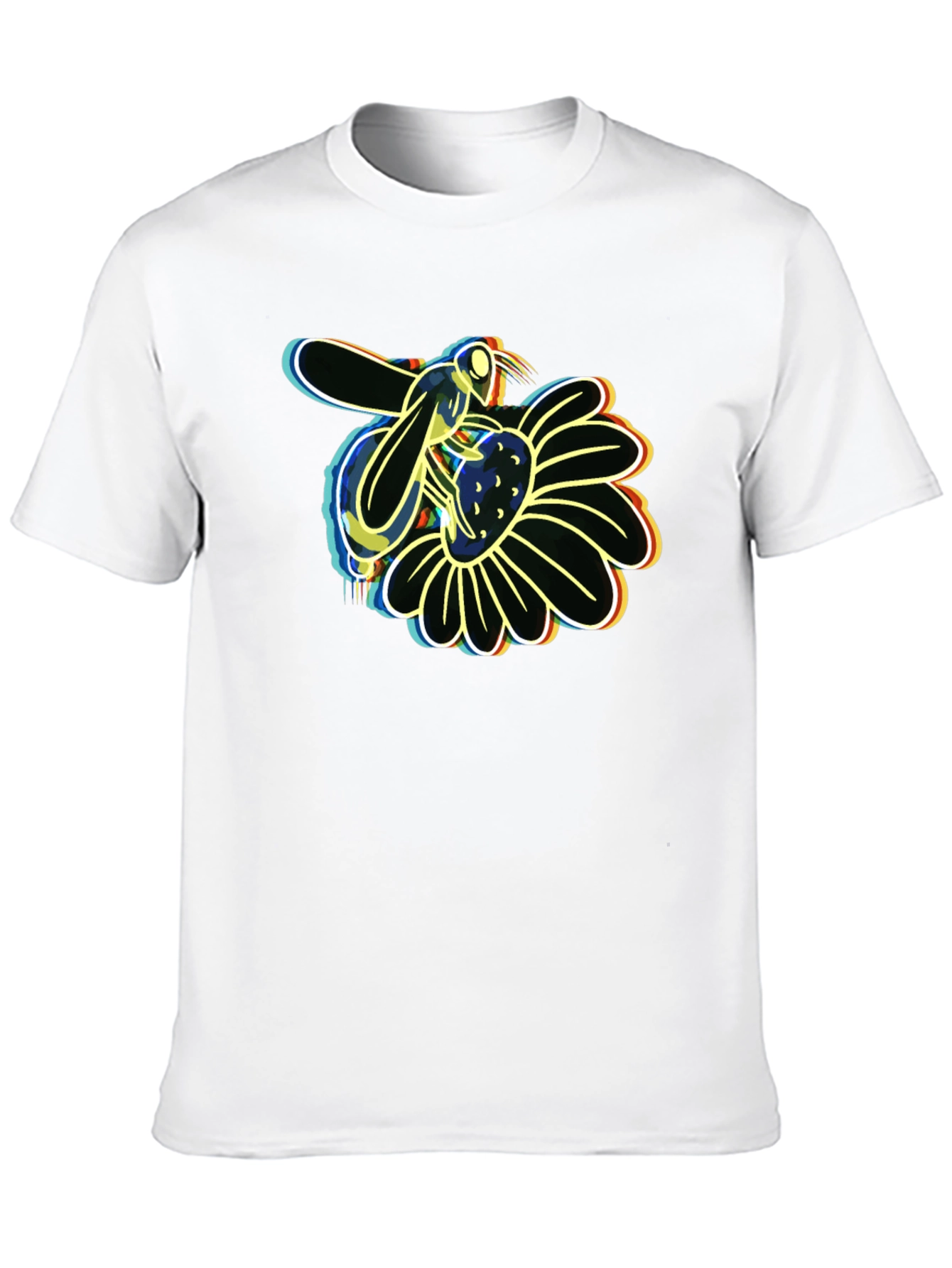 Neon Bee on Flower Graphic Black T-Shirt