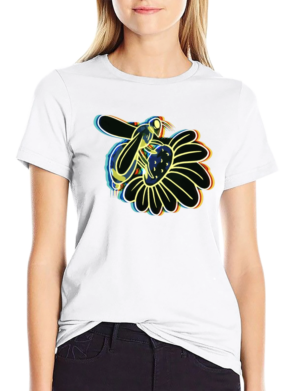 Neon Bee on Flower Graphic Black T-Shirt