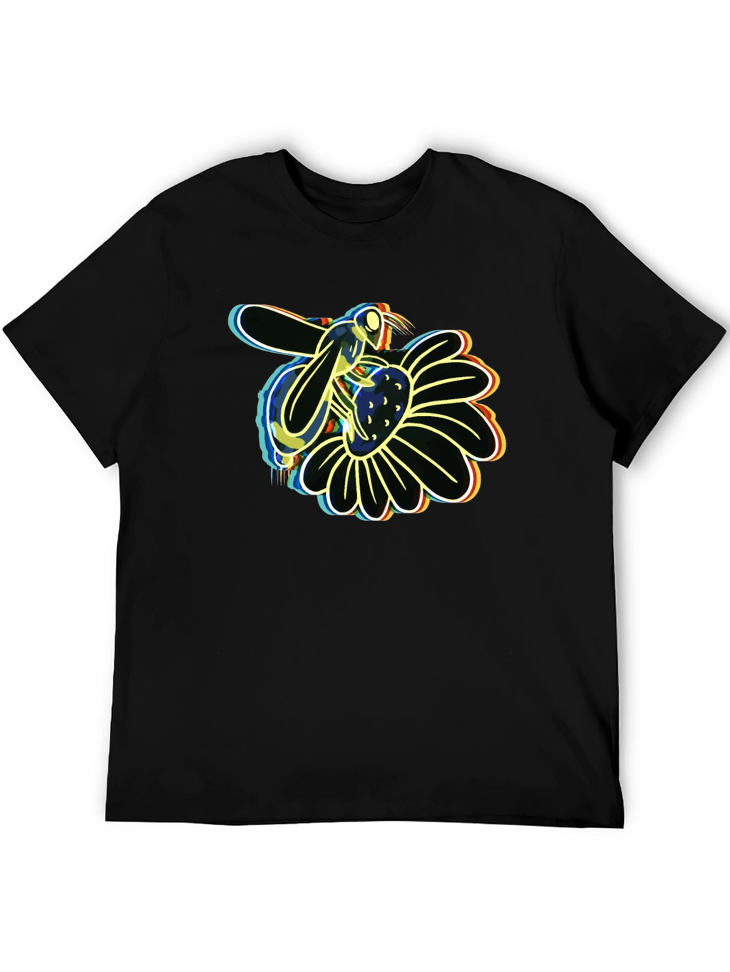 Neon Bee on Flower Graphic Black T-Shirt