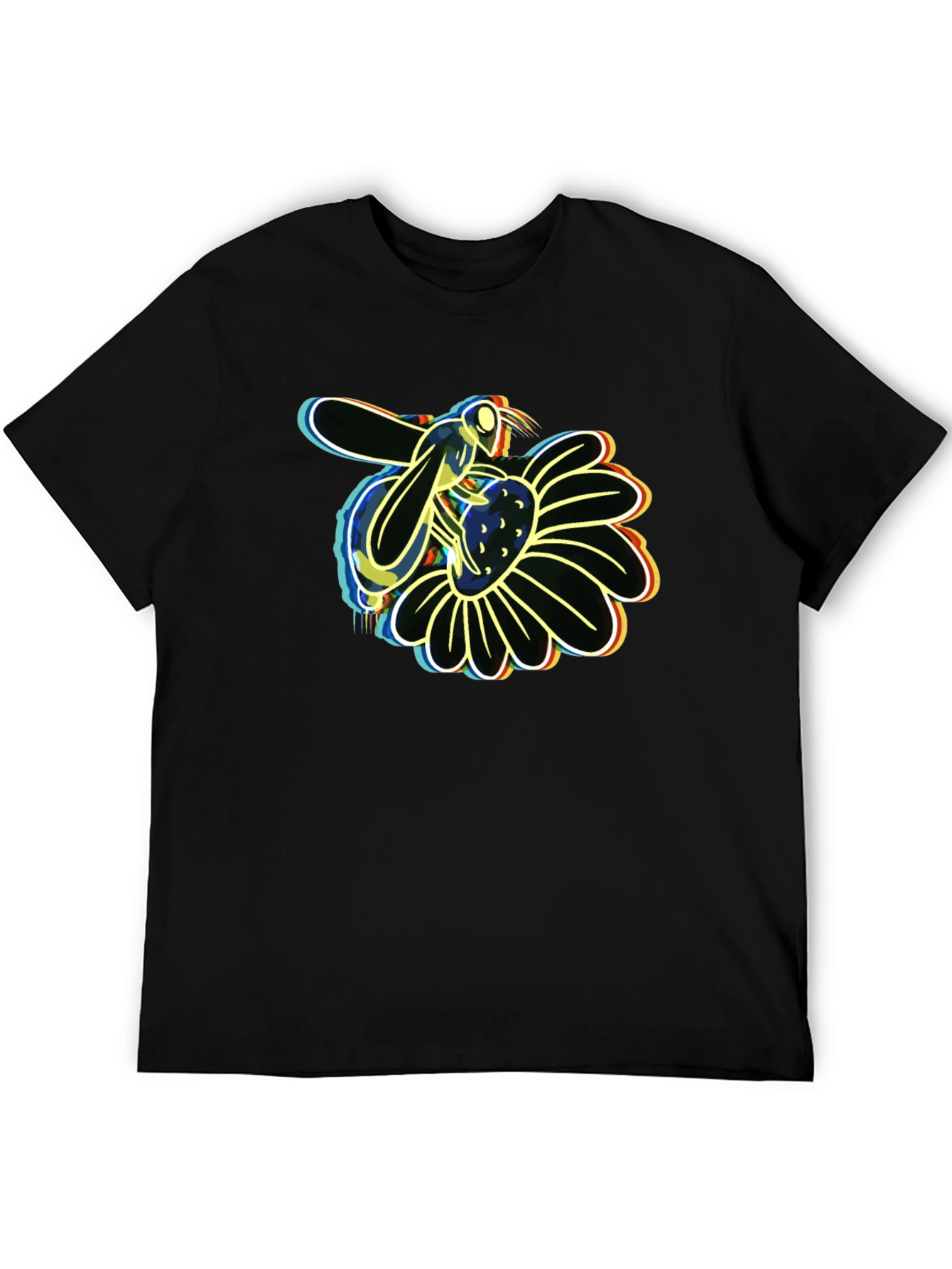 Neon Bee on Flower Graphic Black T-Shirt