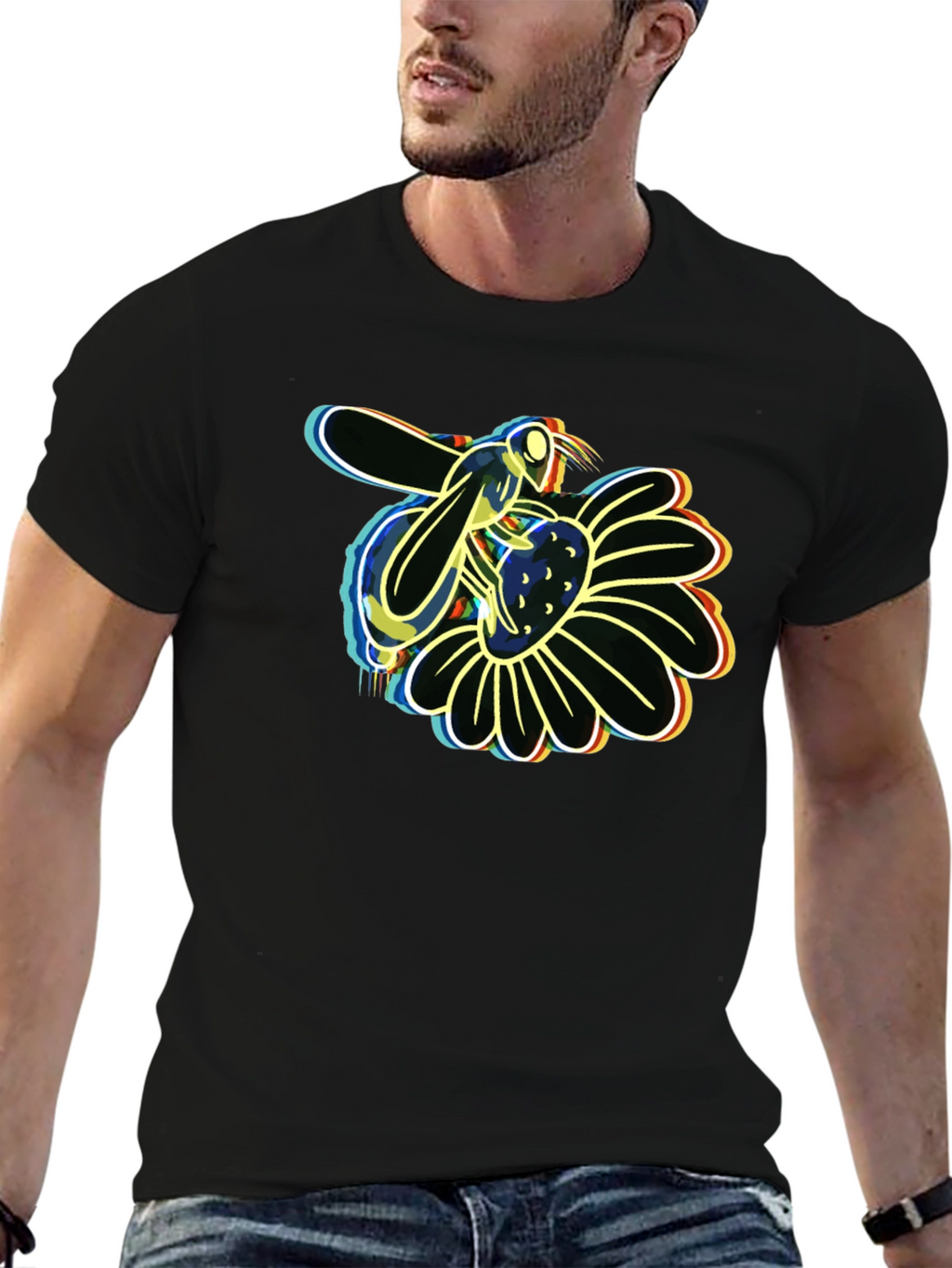 Neon Bee on Flower Graphic Black T-Shirt