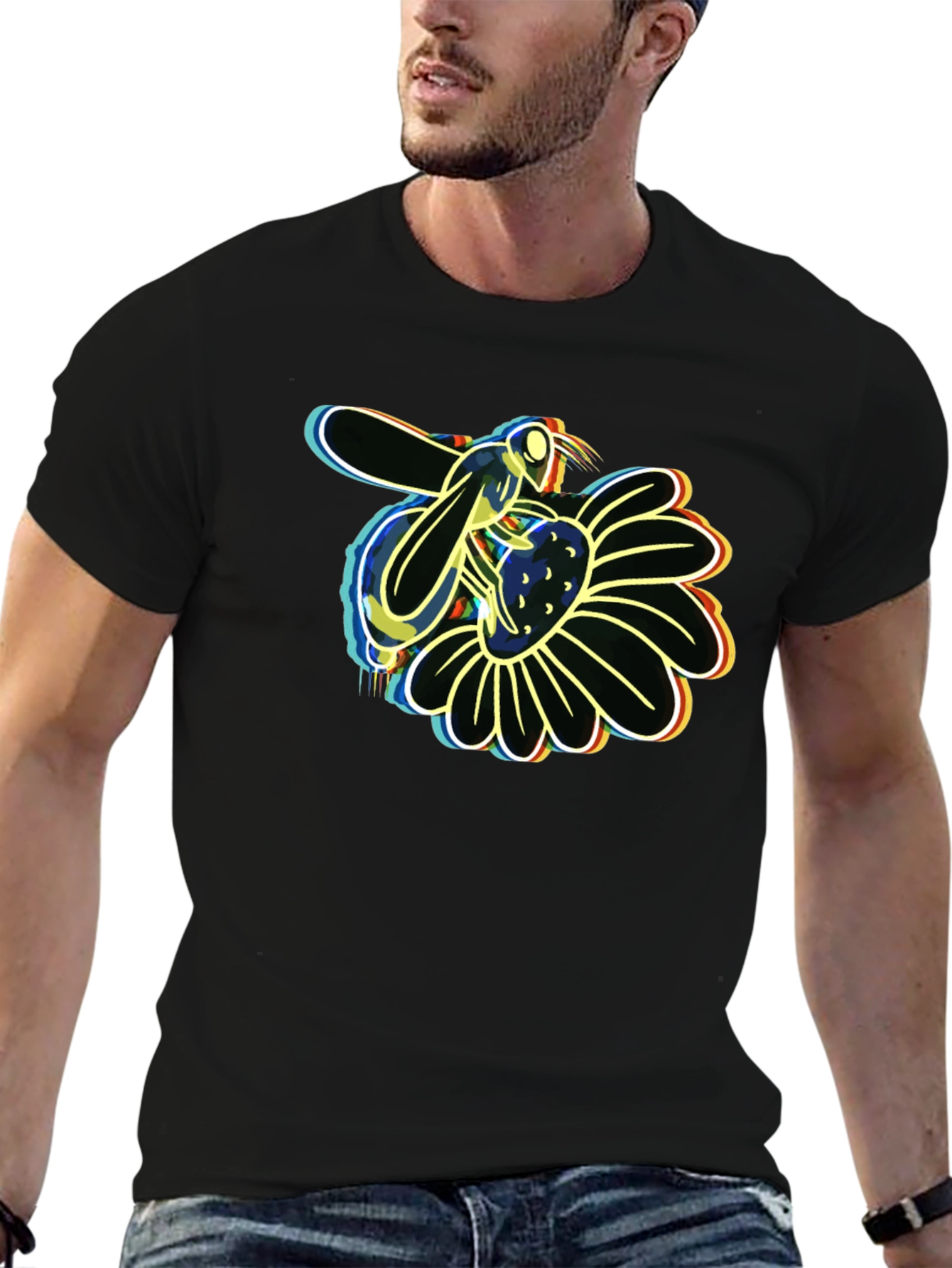 Neon Bee on Flower Graphic Black T-Shirt