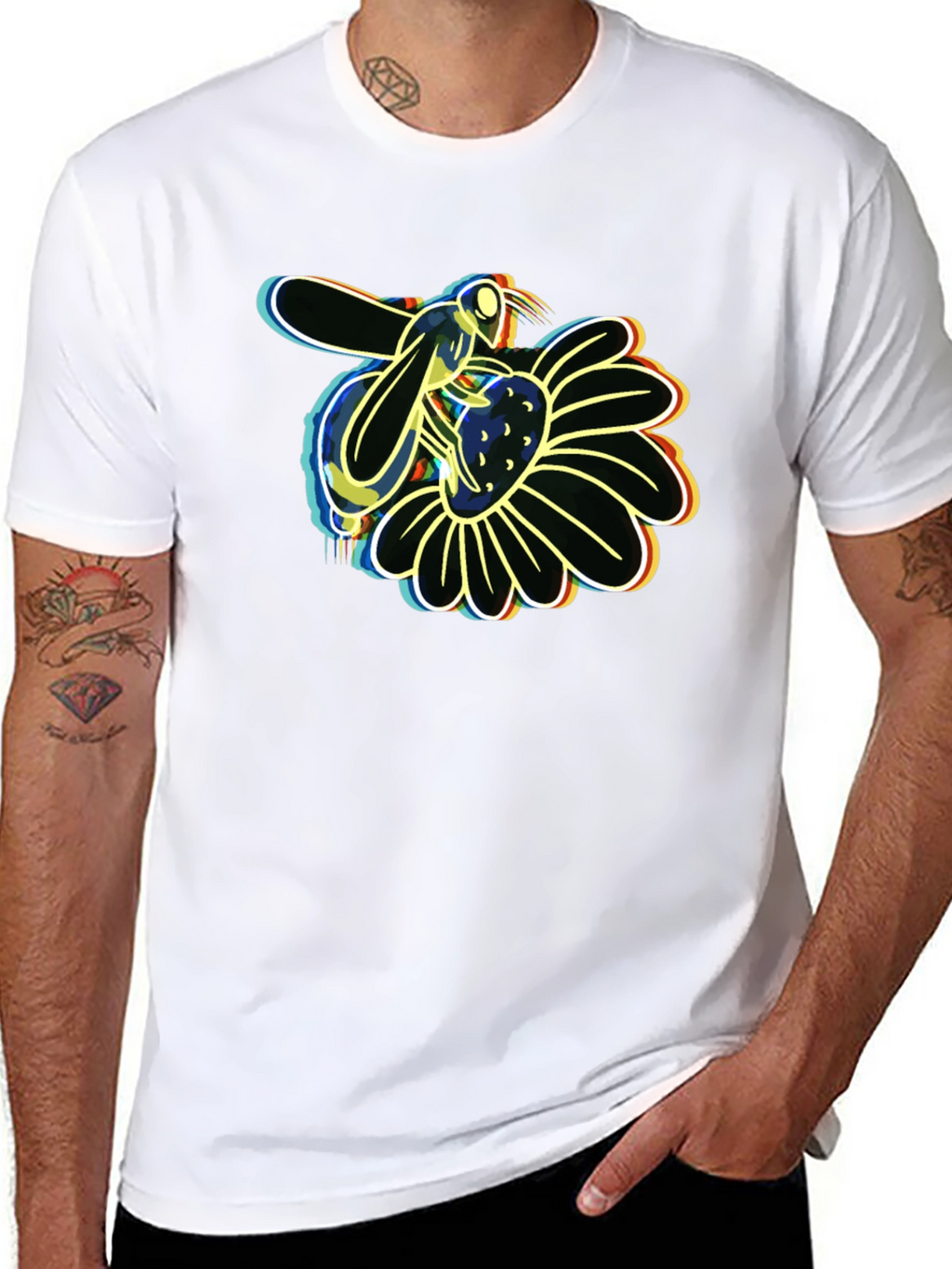 Neon Bee on Flower Graphic Black T-Shirt