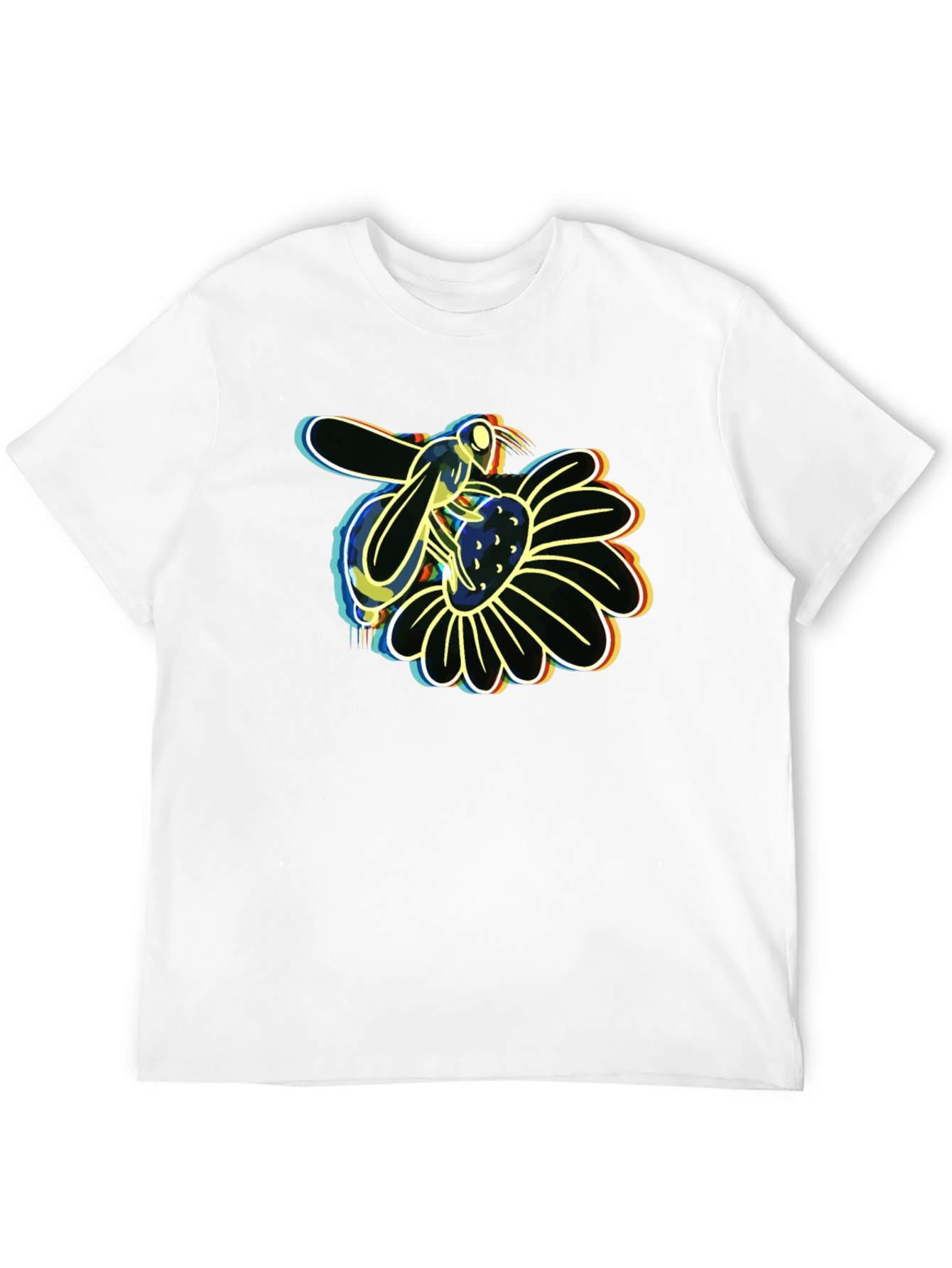 Neon Bee on Flower Graphic Black T-Shirt