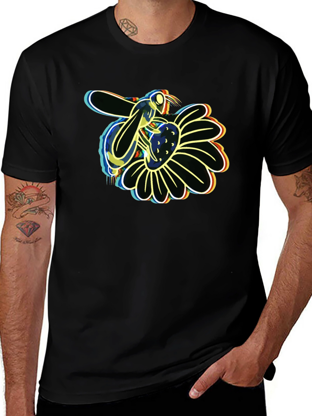 Neon Bee on Flower Graphic Black T-Shirt