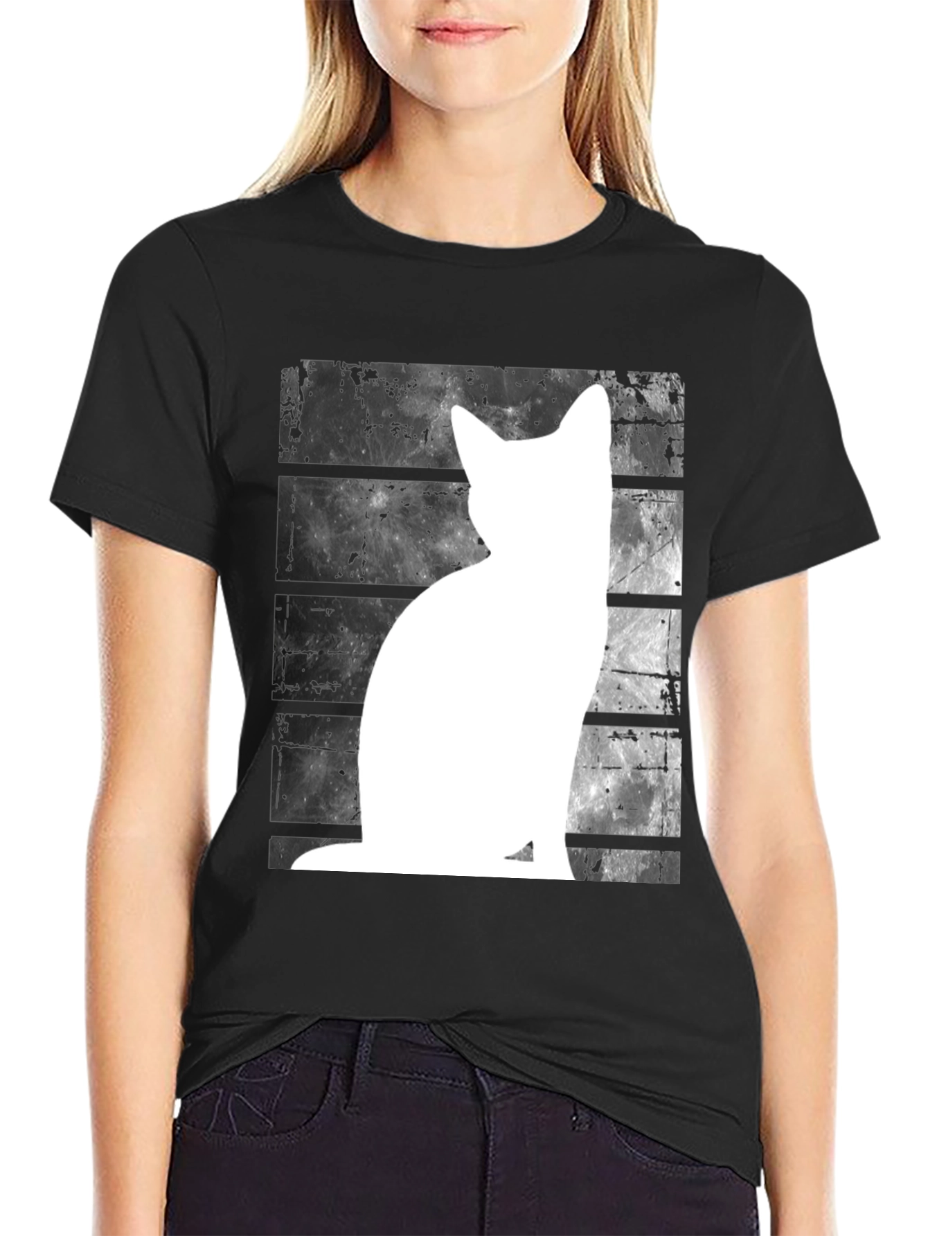 Cat Silhouette Graphic Tee - Black