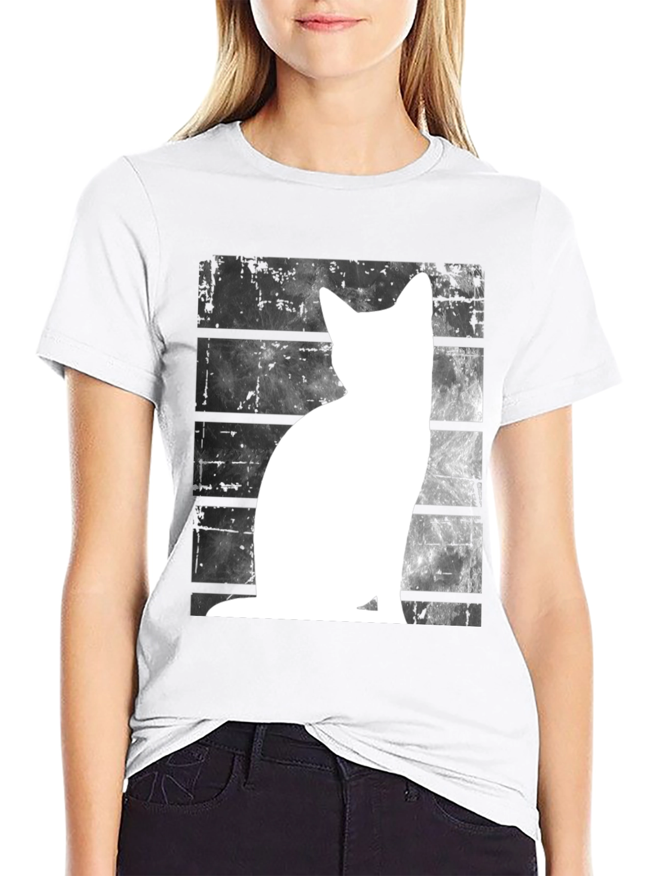 Cat Silhouette Graphic Tee - Black