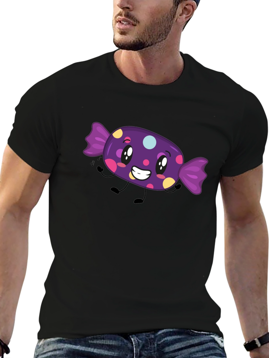 Candy Cartoon Graphic T-Shirt - Black Fun Design