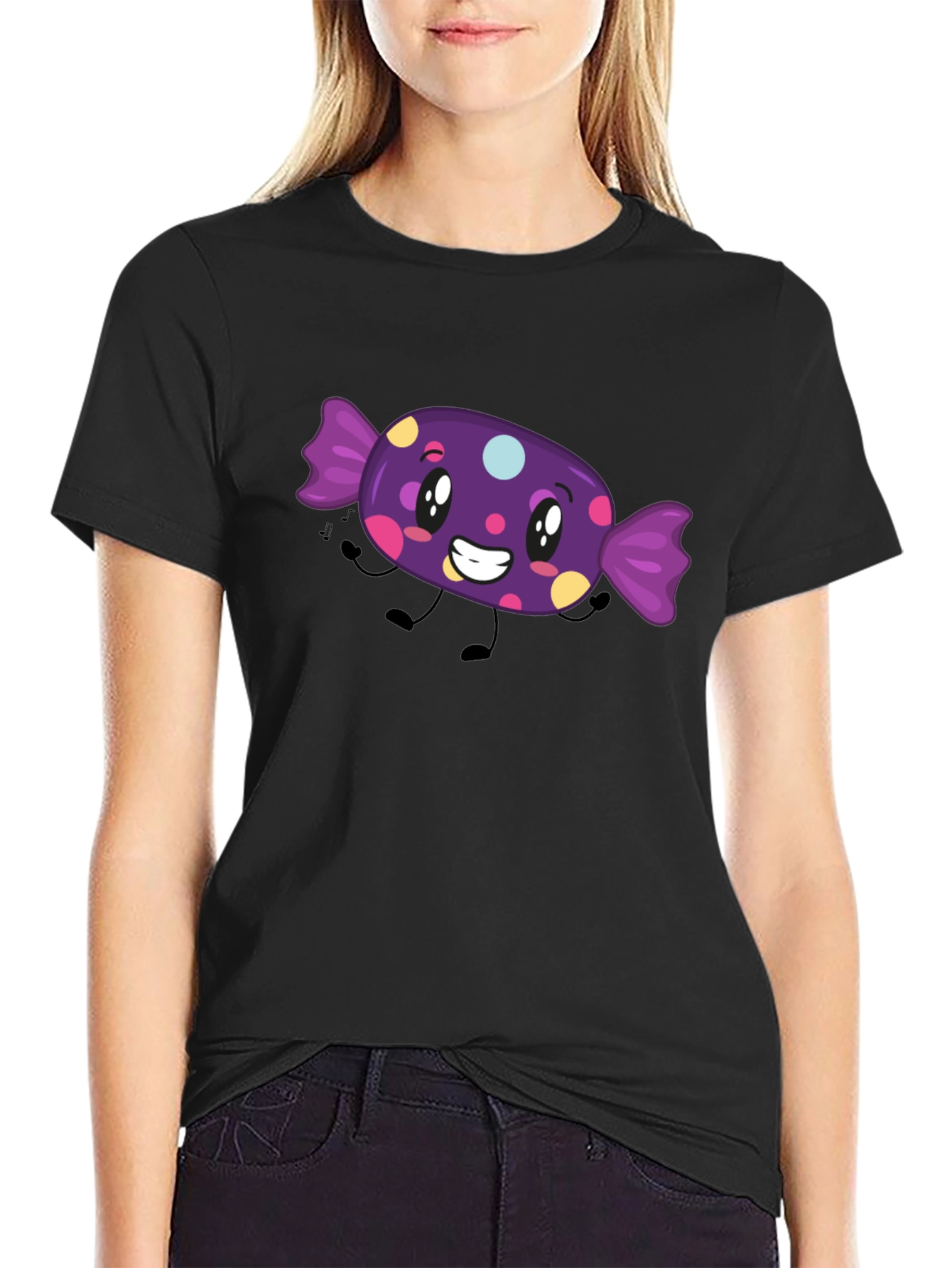 Candy Cartoon Graphic T-Shirt - Black Fun Design