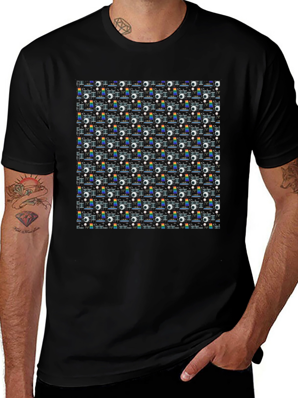 Retro Projector Patterned Black T-Shirt