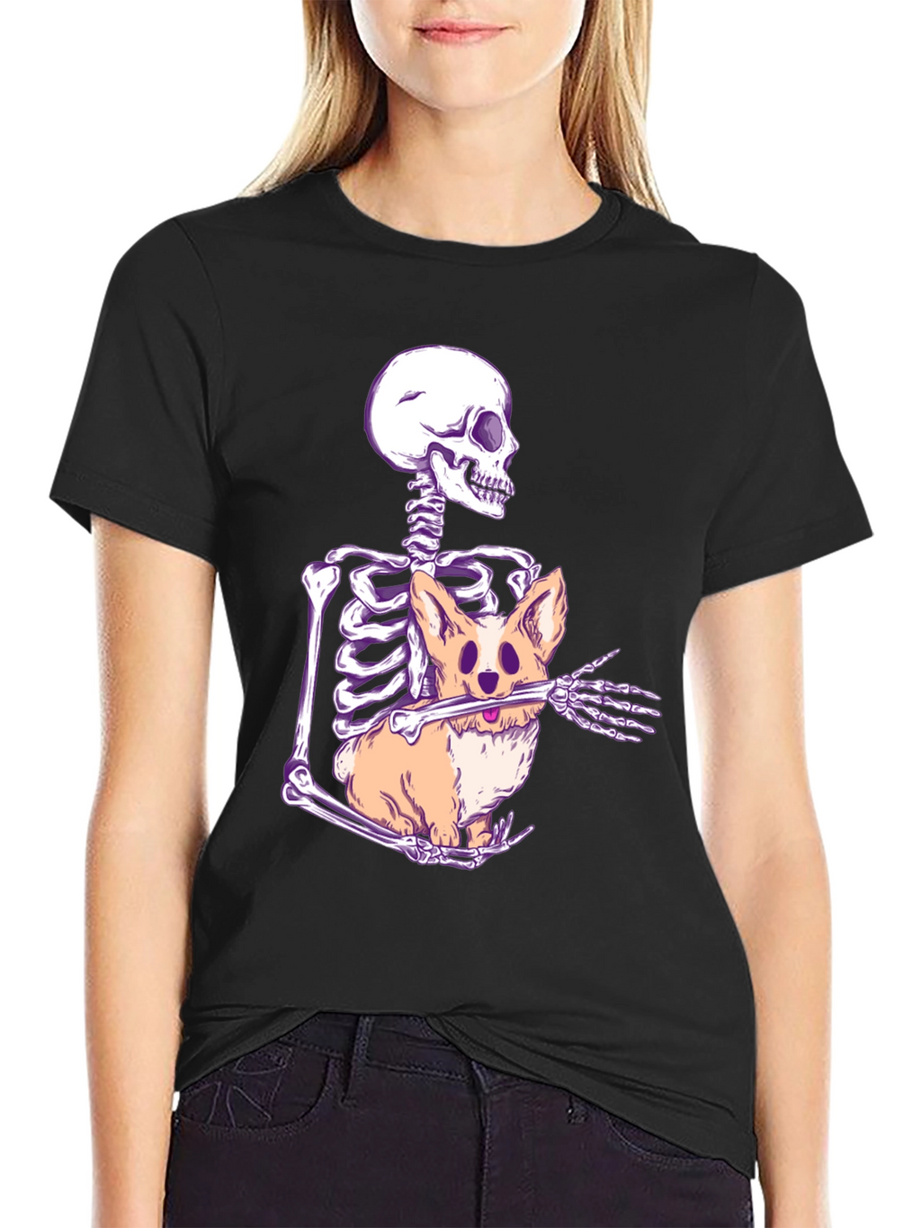 Skeleton Hugging Corgi Graphic Tee