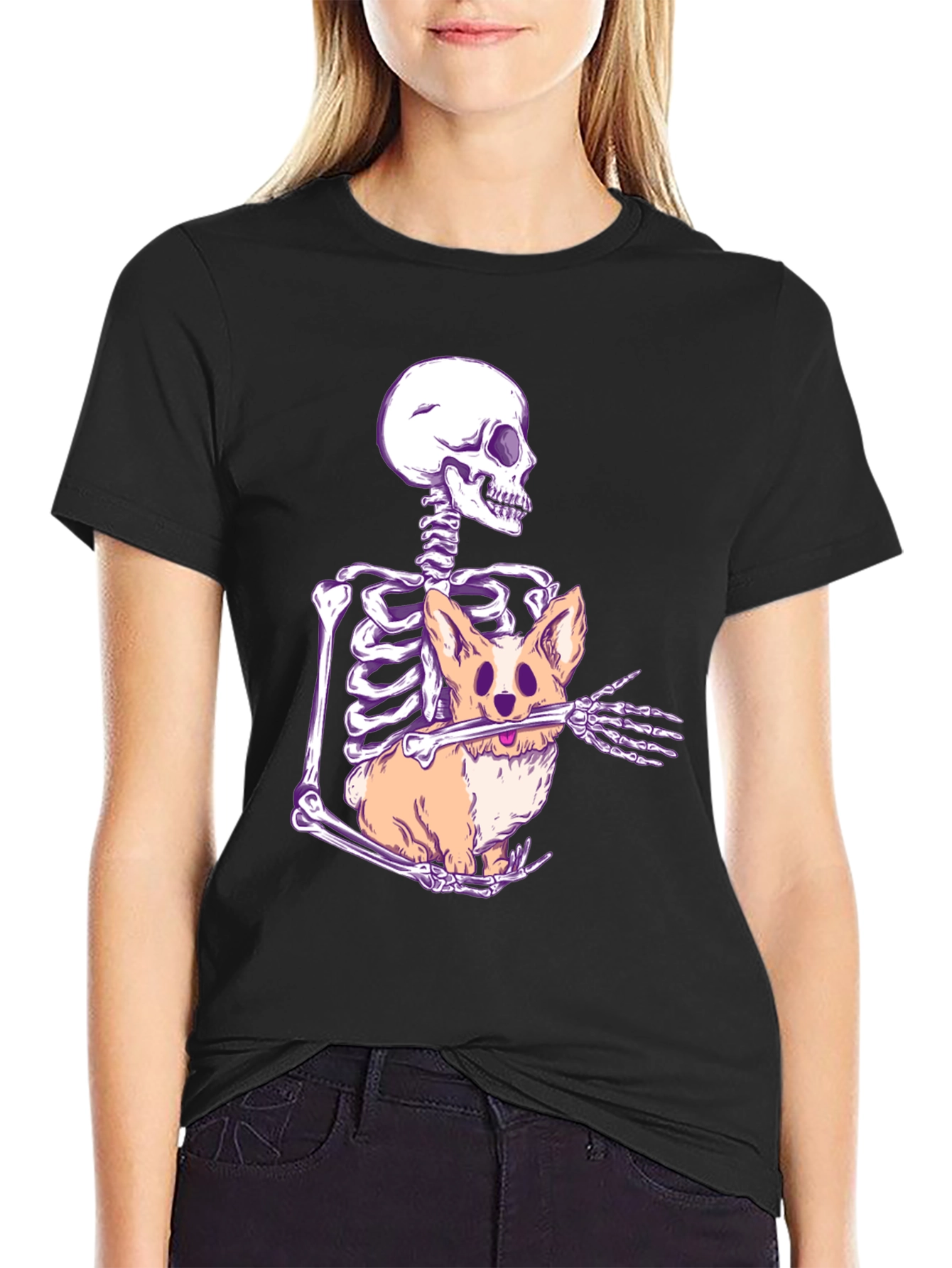 Skeleton Hugging Corgi Graphic Tee