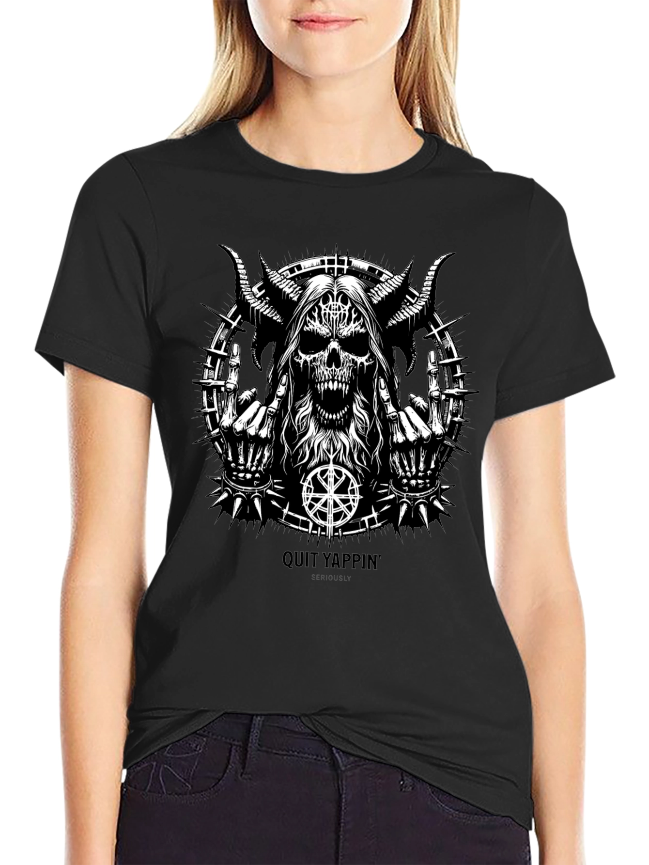 Quit Yappin Graphic Tee - Black Metal Skull Design
