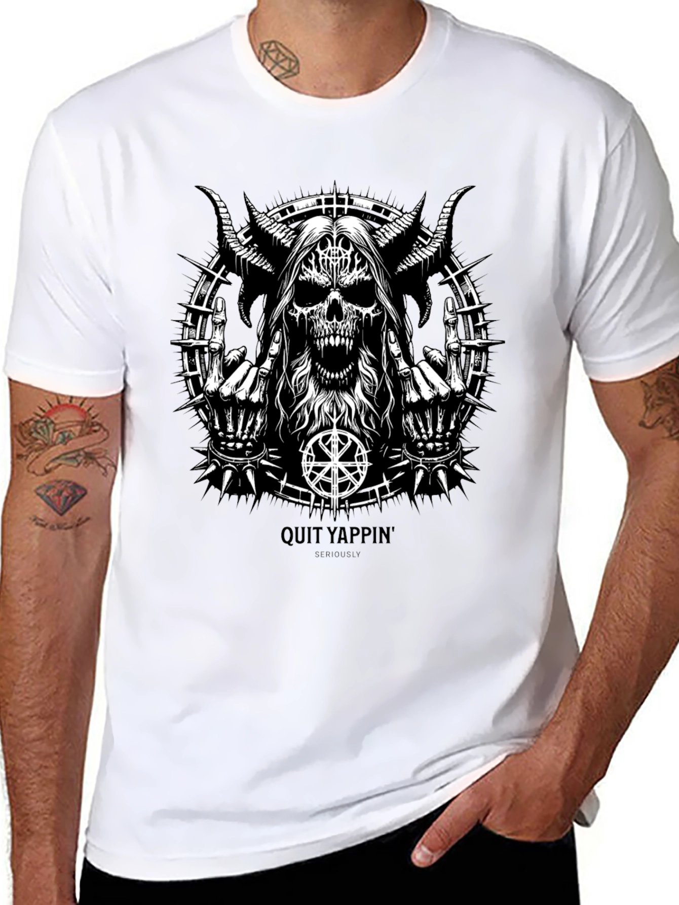 Quit Yappin Graphic Tee - Black Metal Skull Design