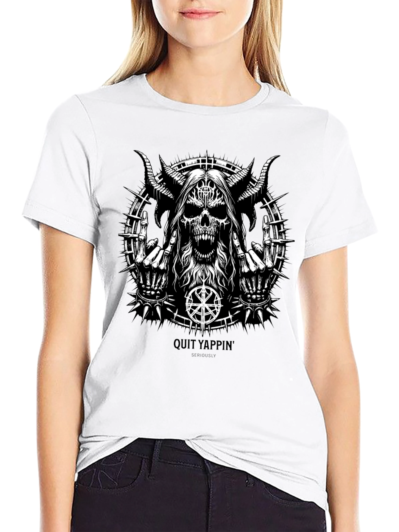 Quit Yappin Graphic Tee - Black Metal Skull Design