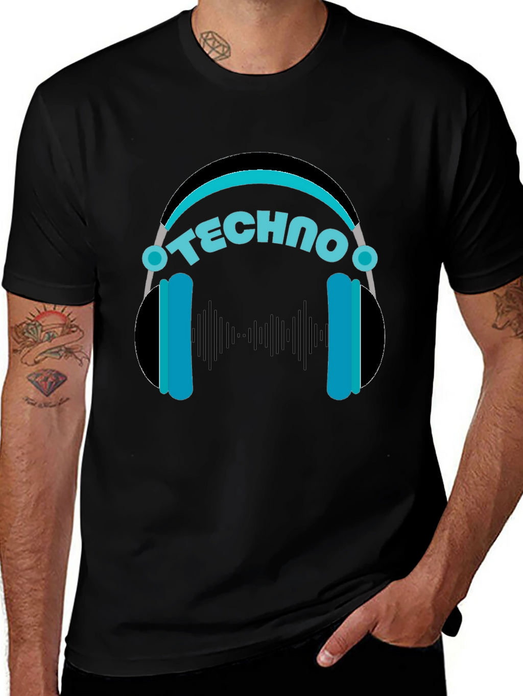 Techno Headphones Graphic Tee - Black Cotton T-Shirt