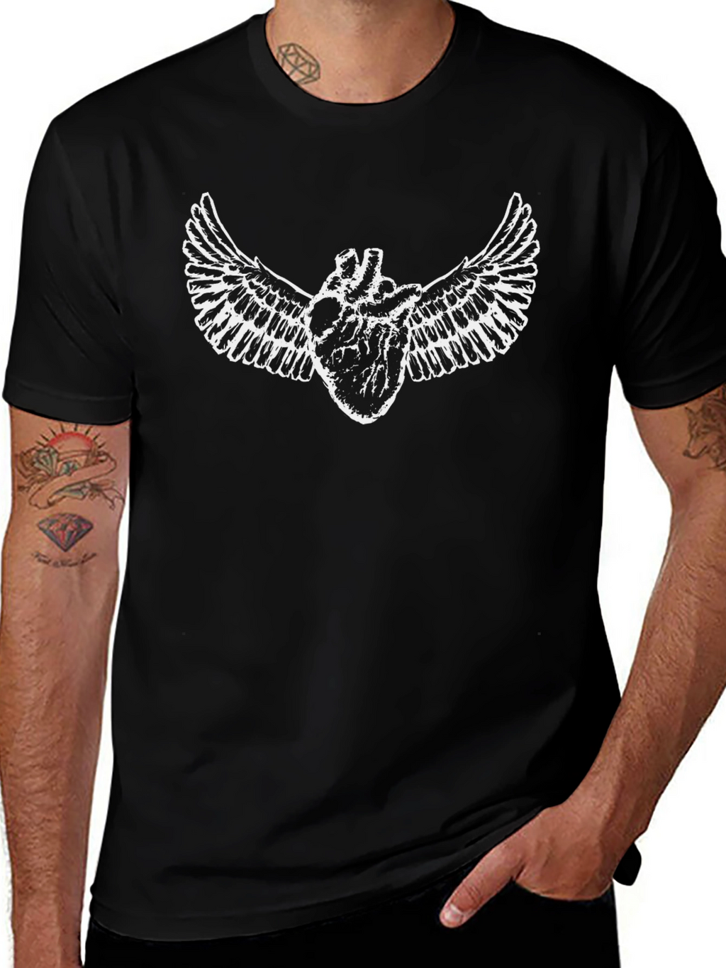 Winged Heart Graphic Black Tee - Unique Design