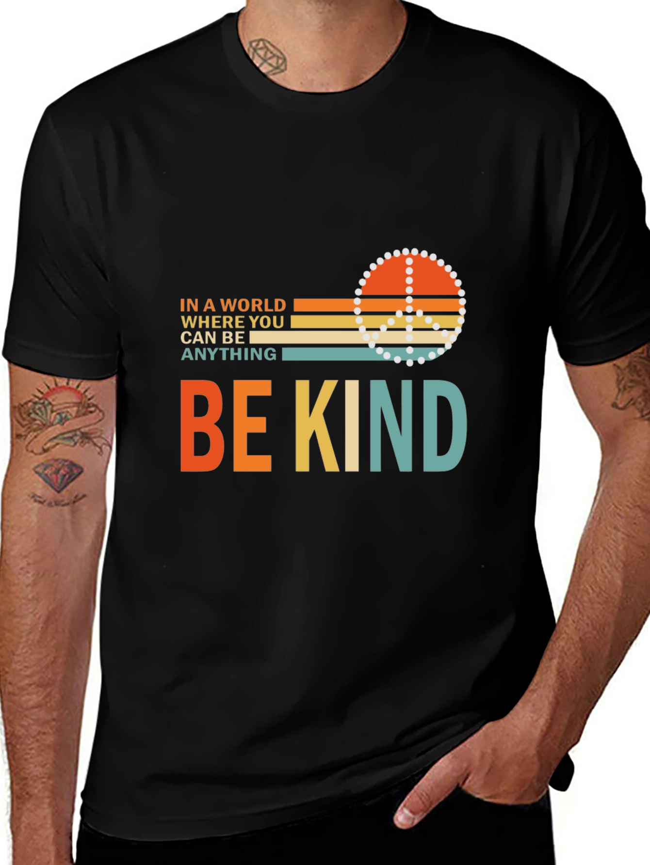 Be Kind Graphic Tee Retro Peace Sign Mens Black T-Shirt