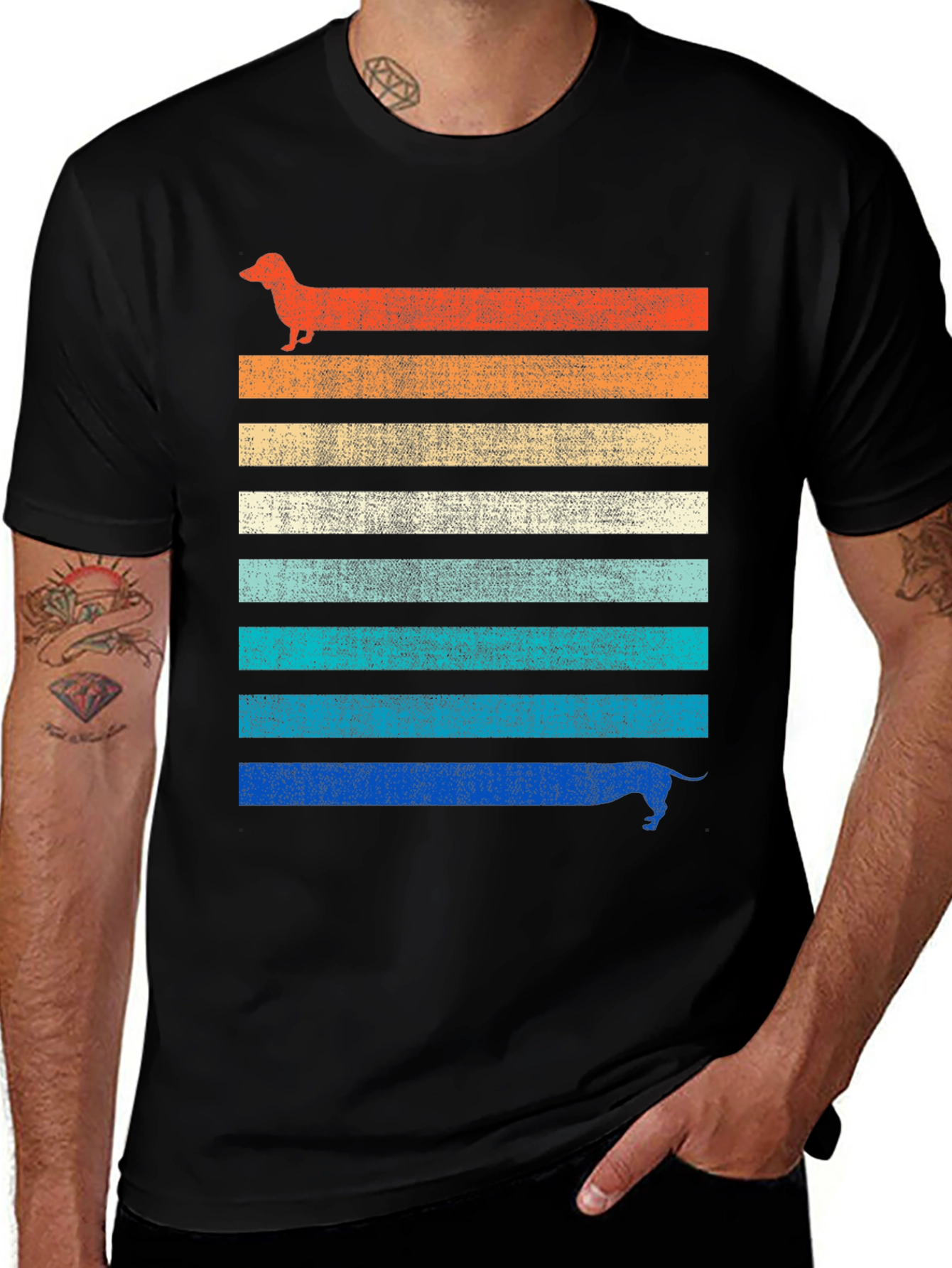 Retro Dachshund Striped Graphic Tee