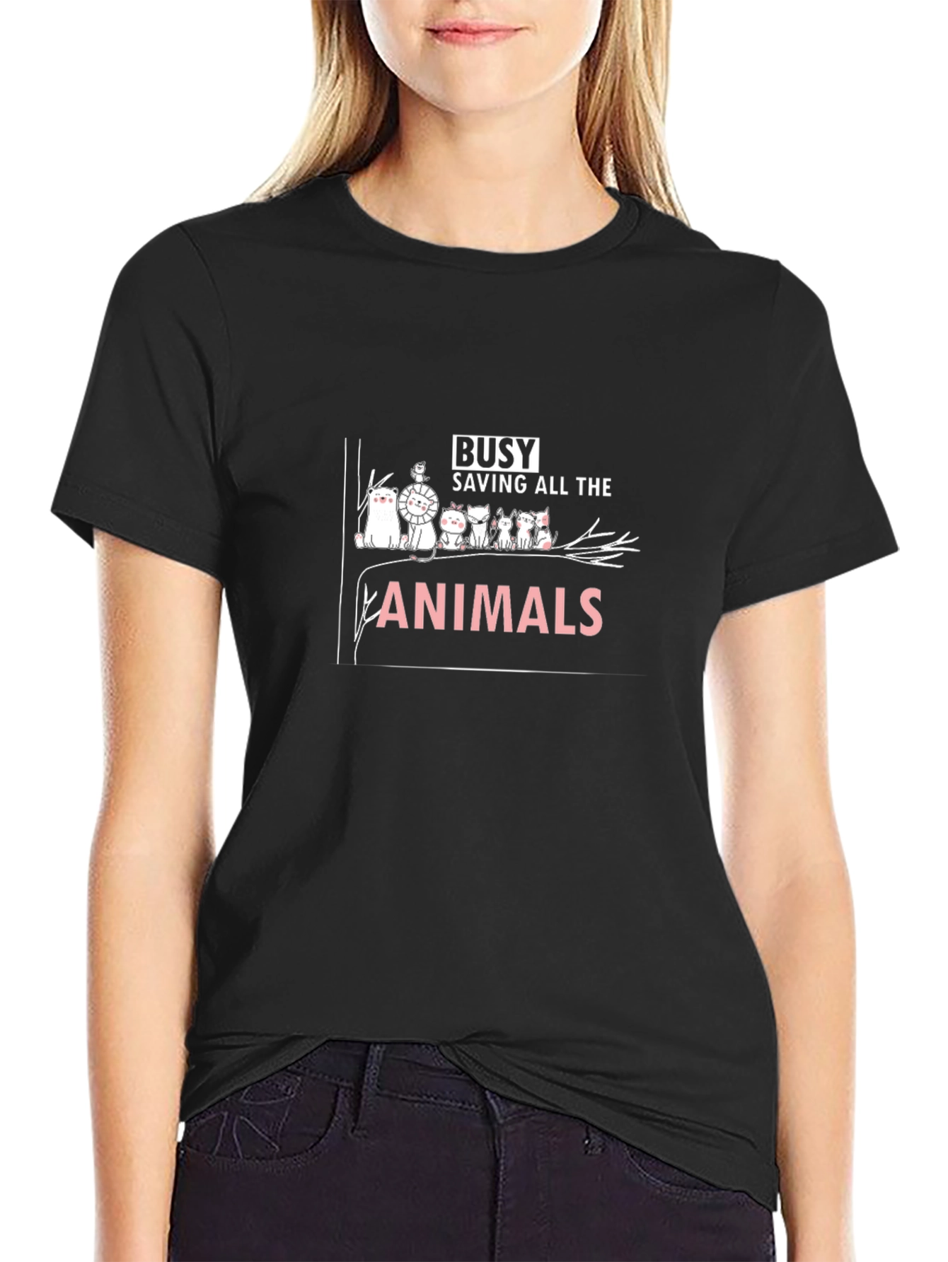 Busy Saving Animals T-Shirt - Black Crew Neck Tee