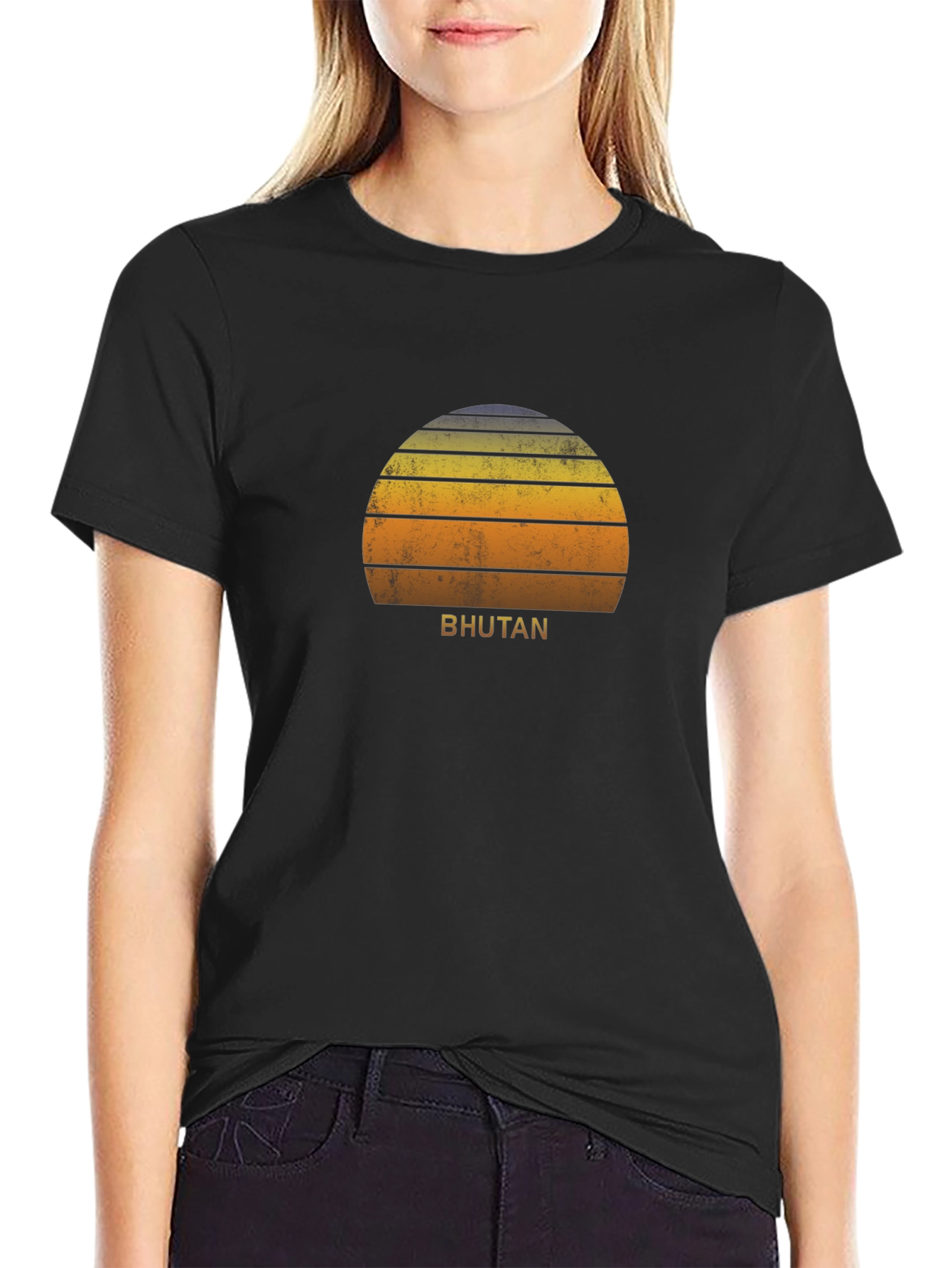 Bhutan Sunset Graphic Tee - Retro Style Black T-Shirt