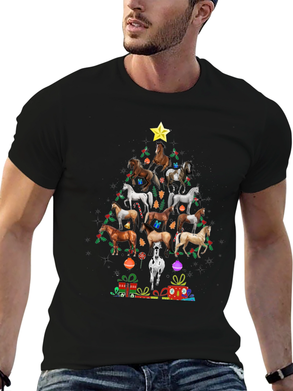 Horse Christmas Tree Graphic T-Shirt