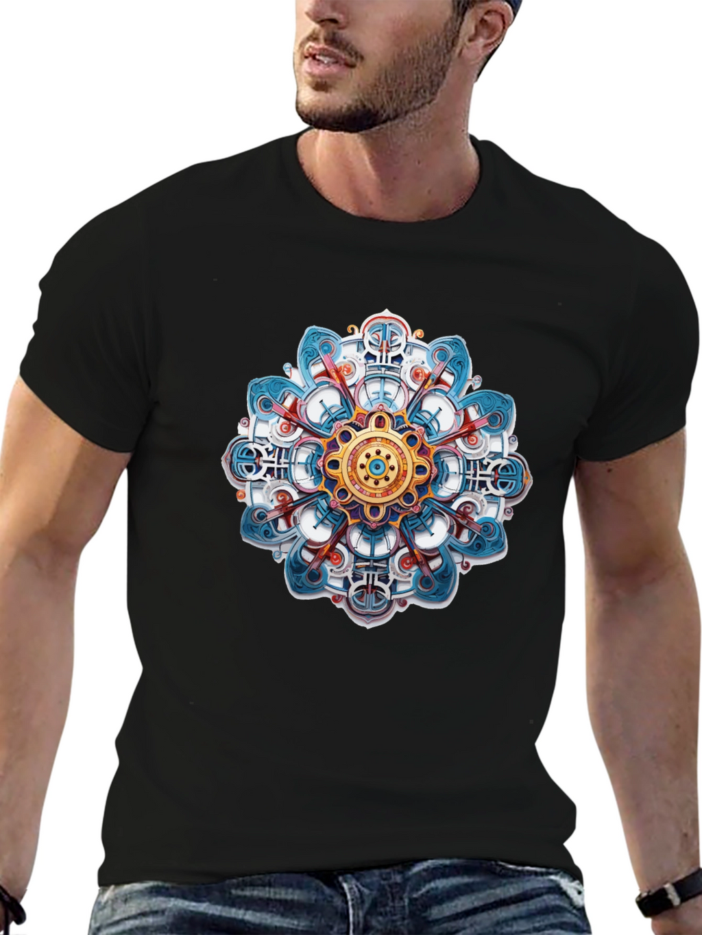 Abstract Mandala Graphic Print Black T-Shirt