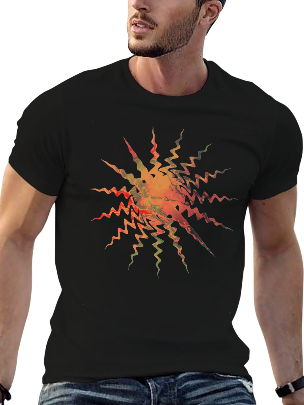 Abstract Zigzag Sunburst Black T-Shirt