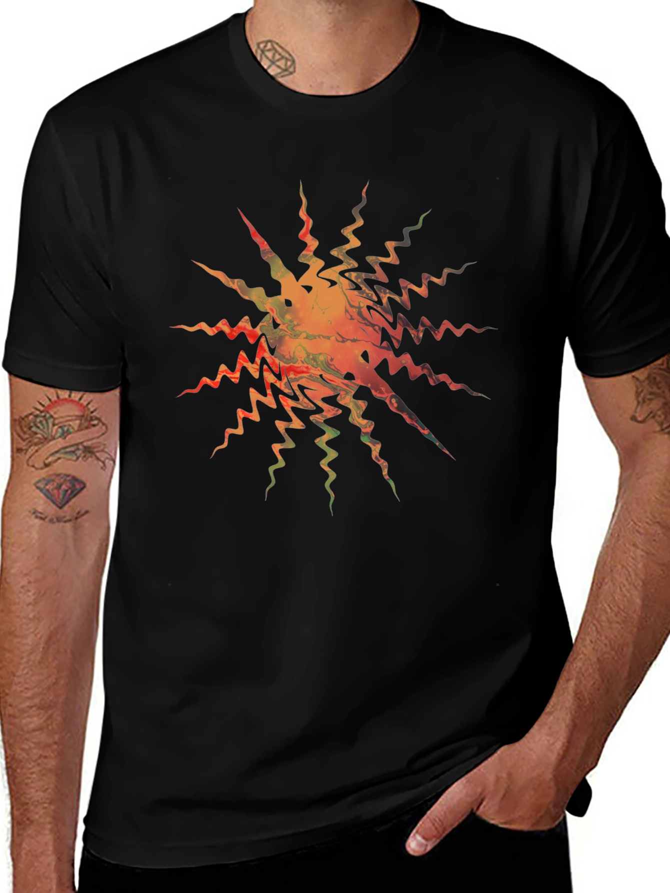 Abstract Zigzag Sunburst Black T-Shirt