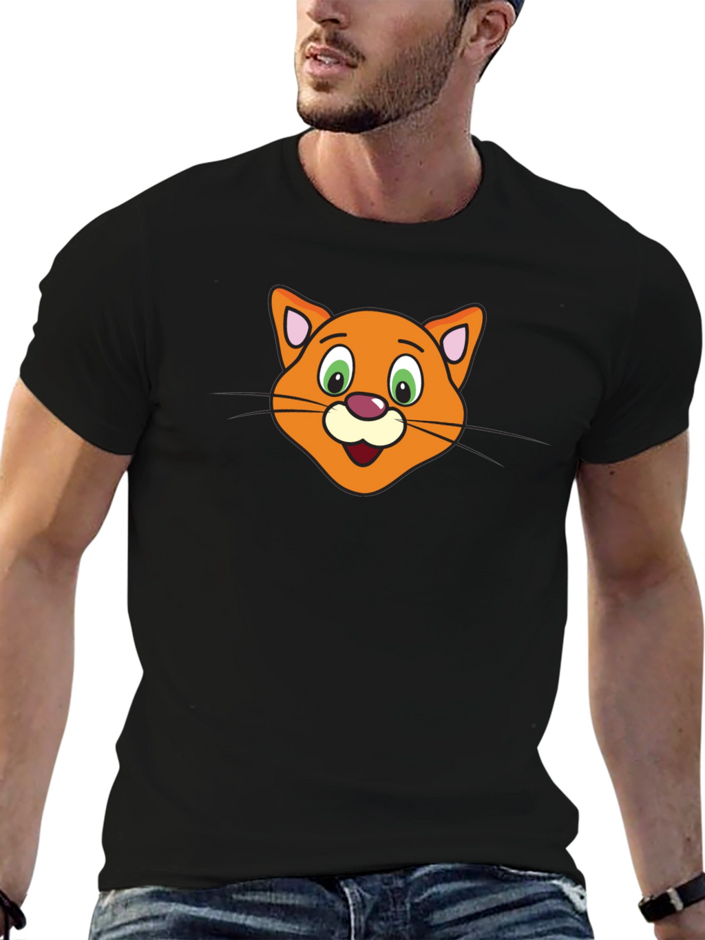 Cartoon Cat Face Black T-Shirt