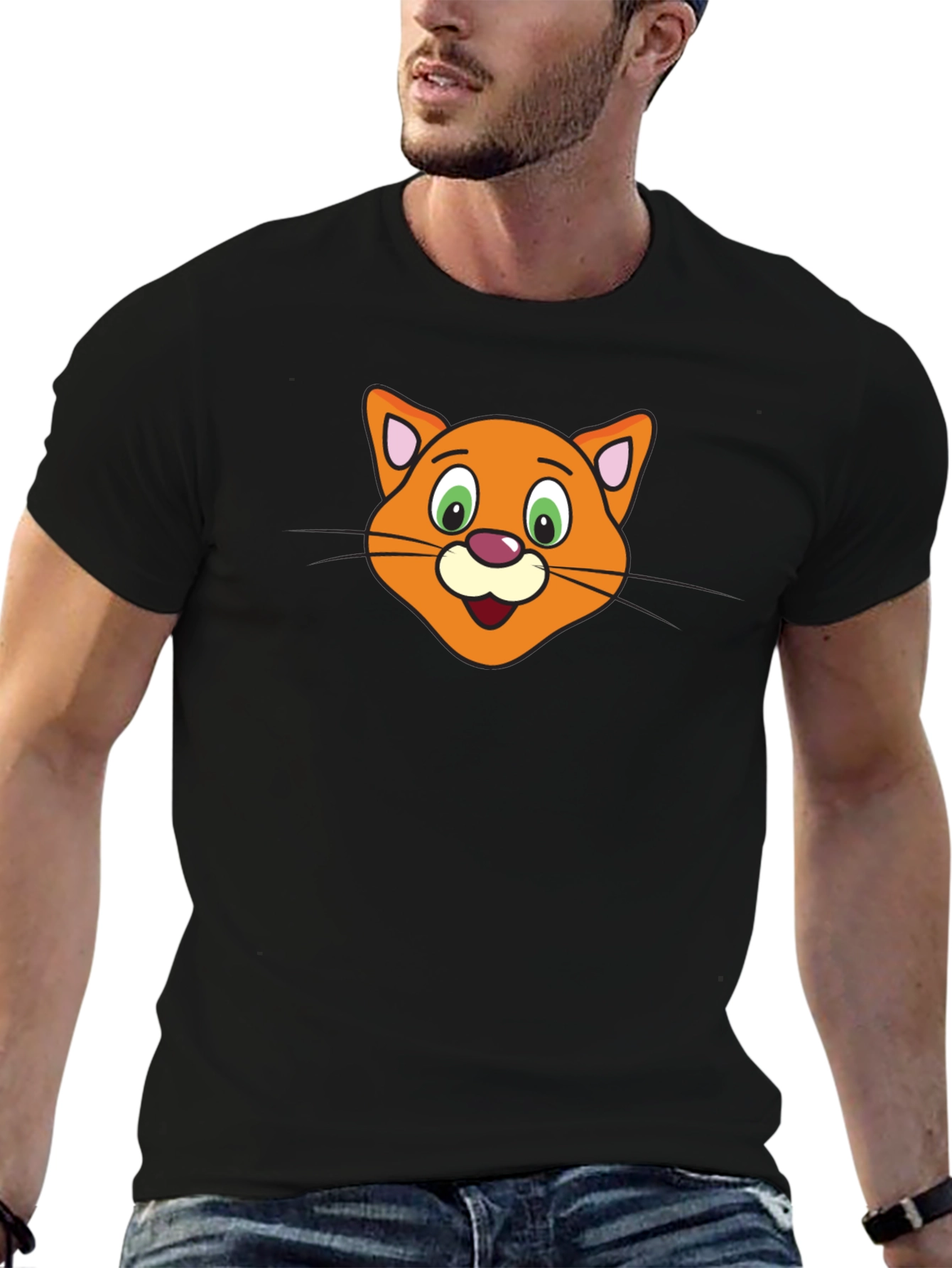 Cartoon Cat Face Black T-Shirt