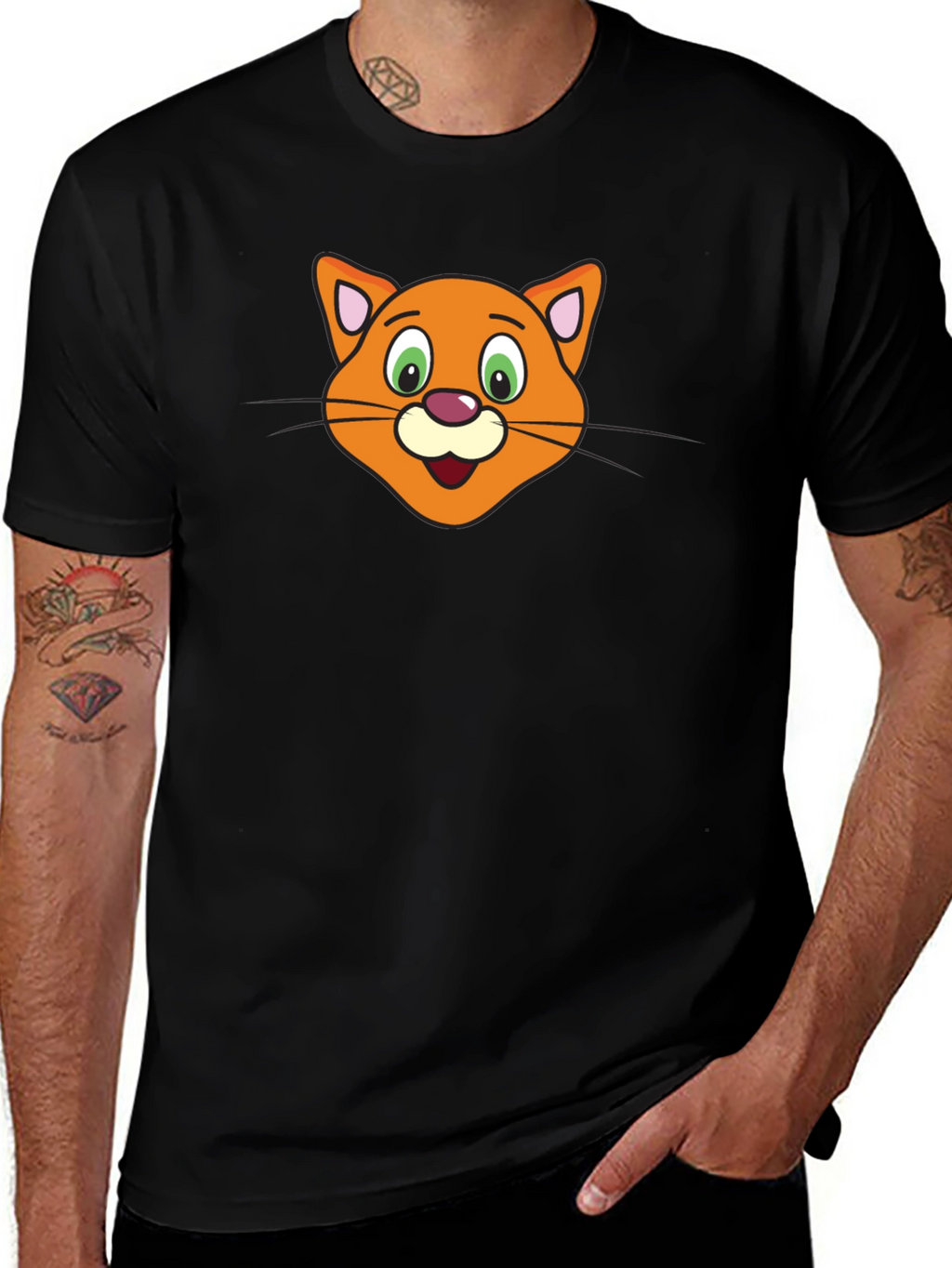 Cartoon Cat Face Black T-Shirt