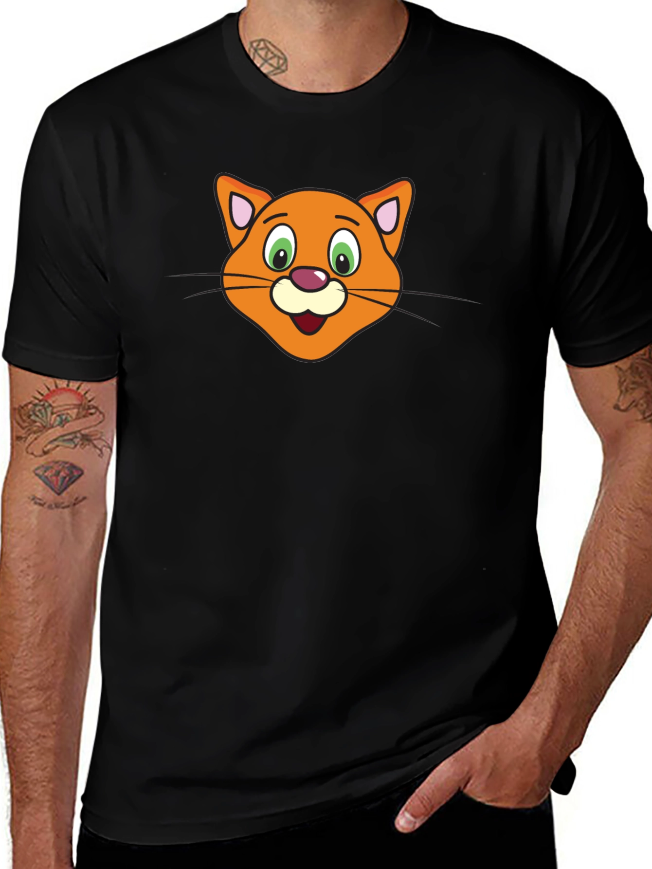 Cartoon Cat Face Black T-Shirt