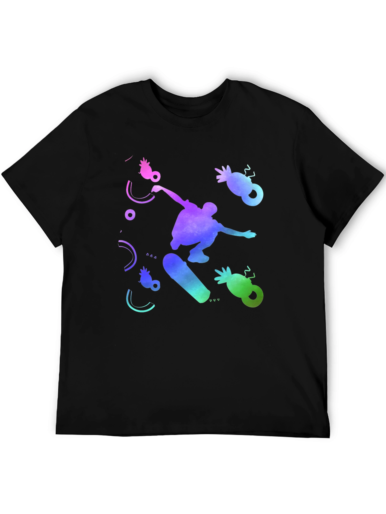Skateboarding T-Shirt - Black Cotton Tee with Colorful Design