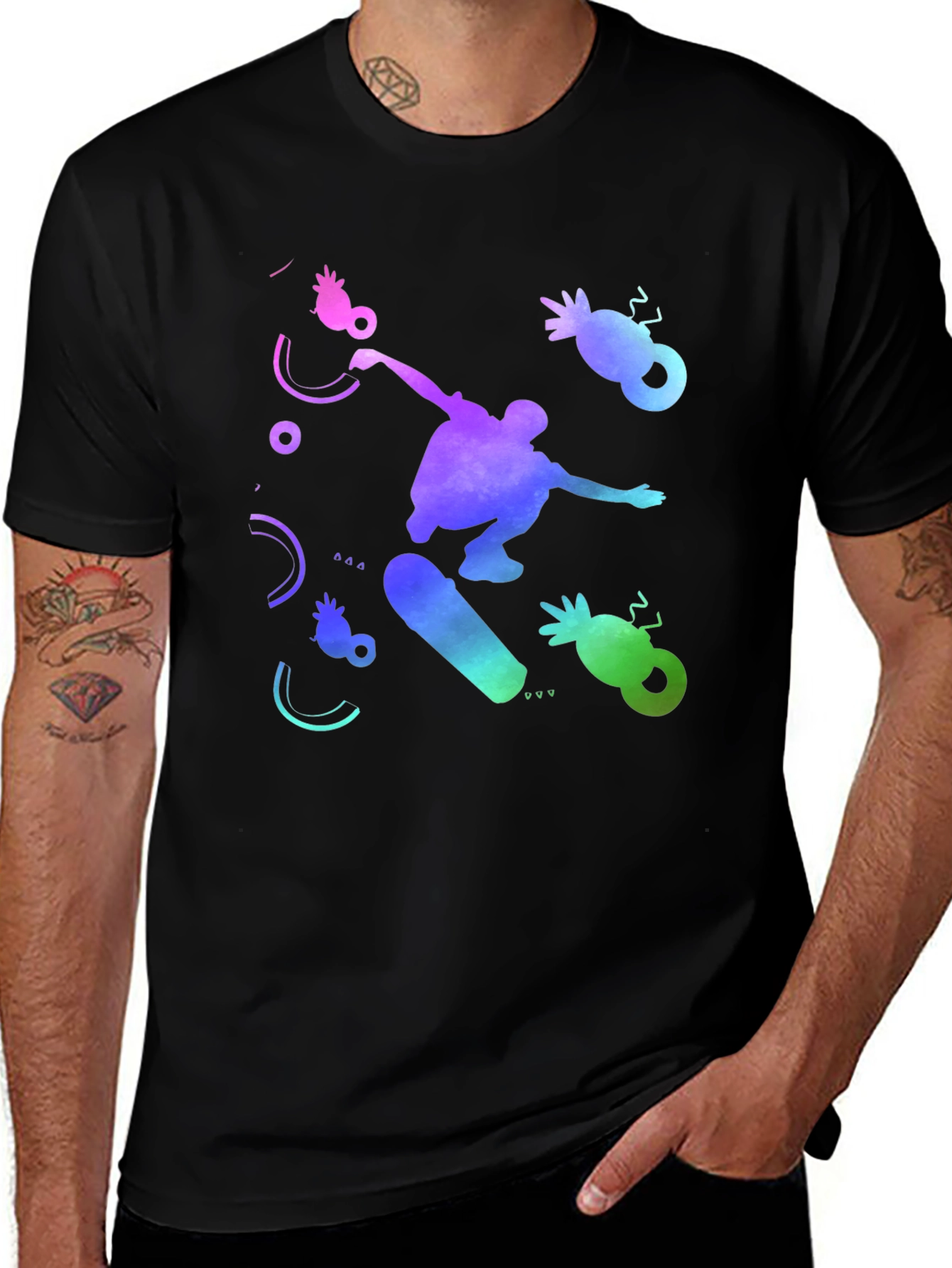 Skateboarding T-Shirt - Black Cotton Tee with Colorful Design