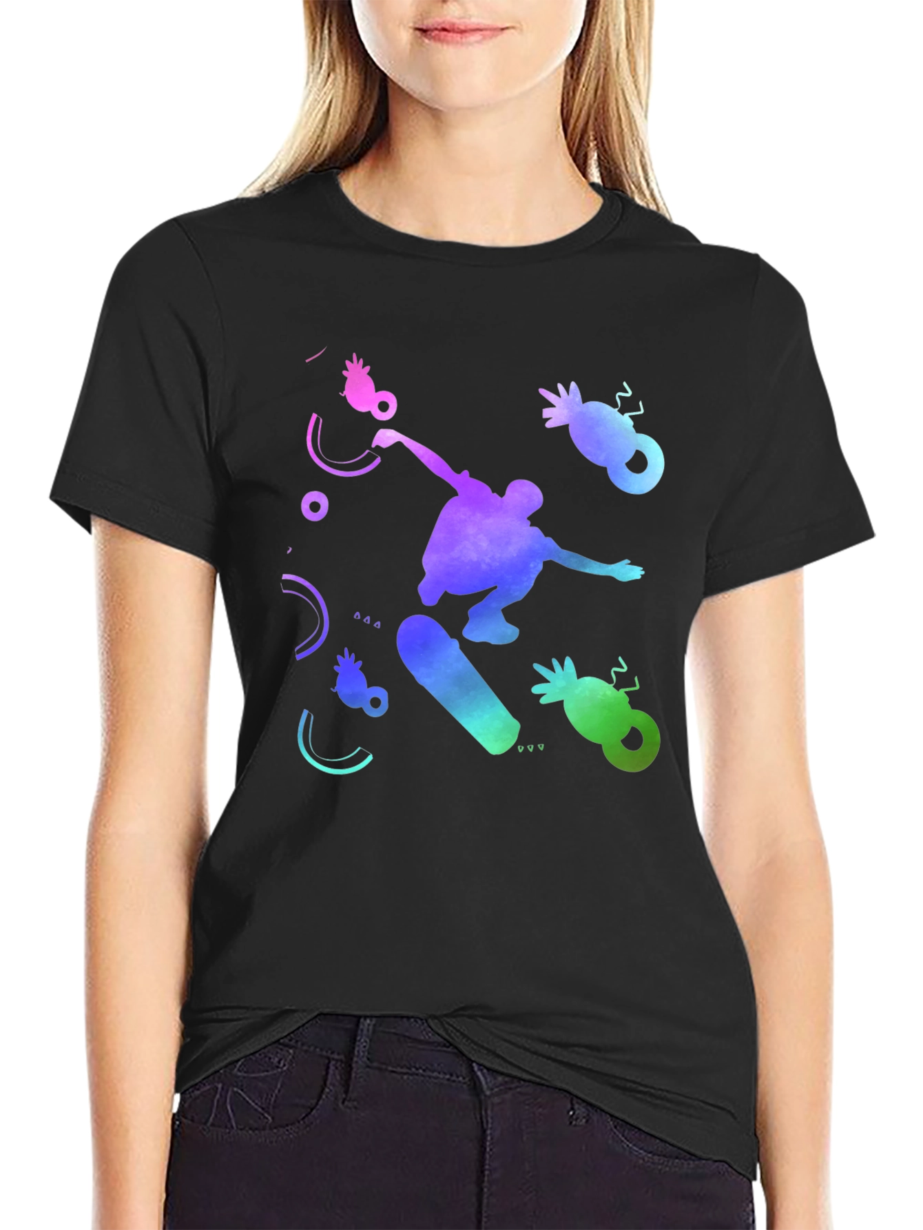 Skateboarding T-Shirt - Black Cotton Tee with Colorful Design