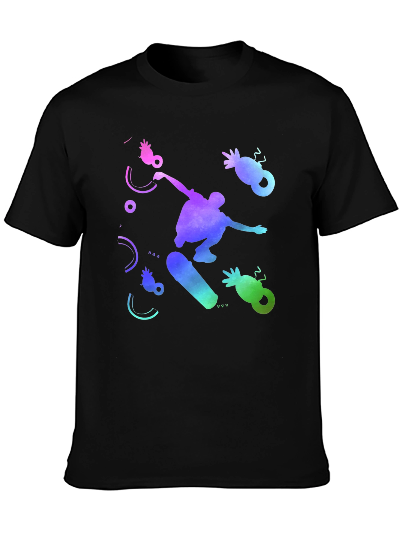 Skateboarding T-Shirt - Black Cotton Tee with Colorful Design