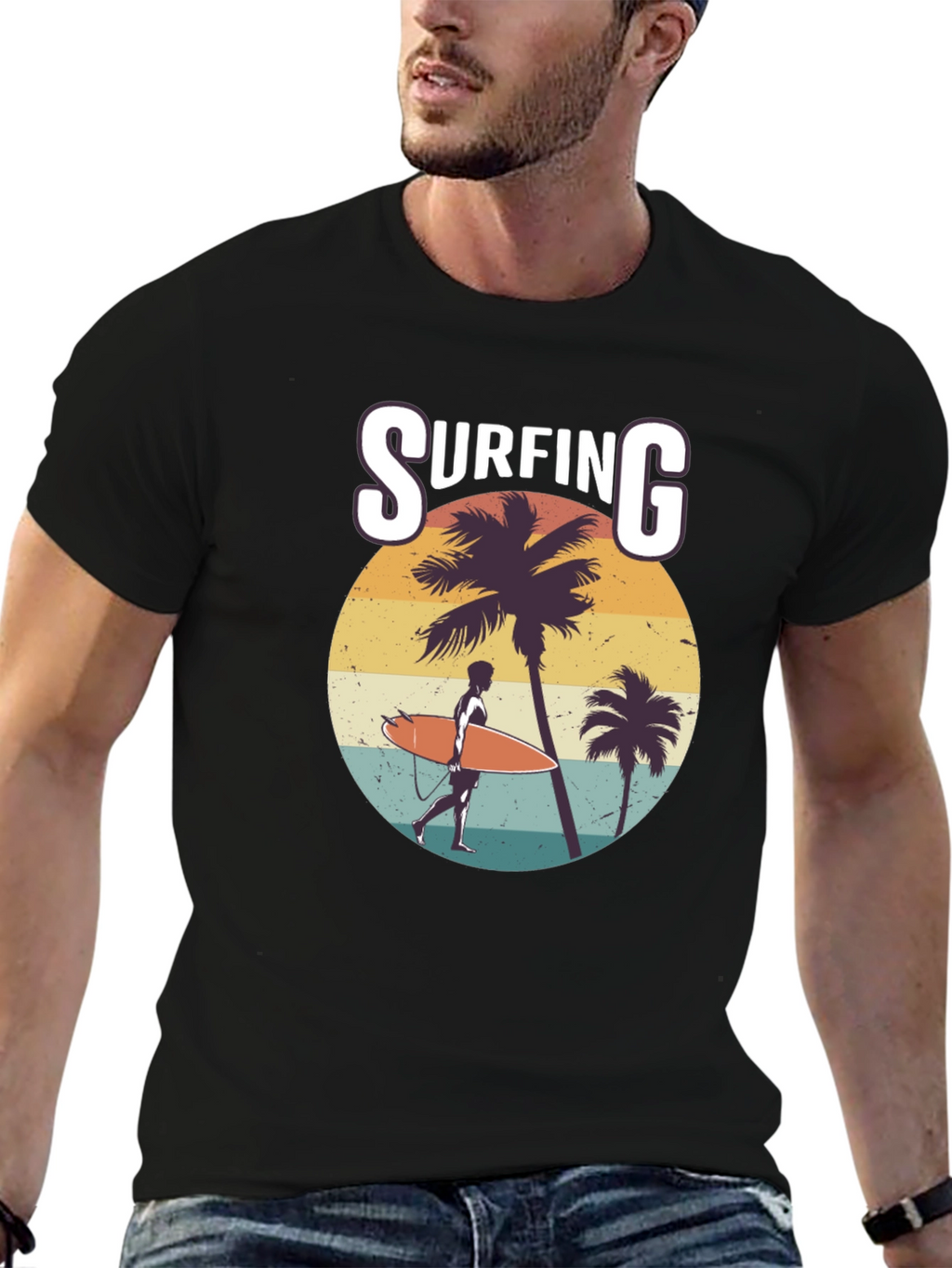 Surfing Graphic Print Black T-Shirt