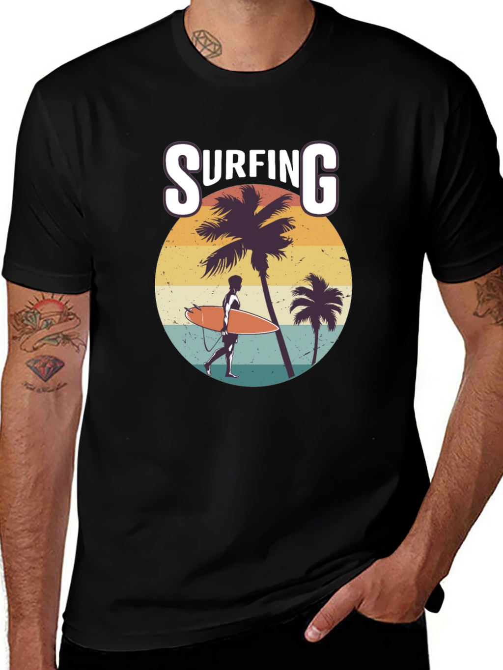 Surfing Graphic Print Black T-Shirt