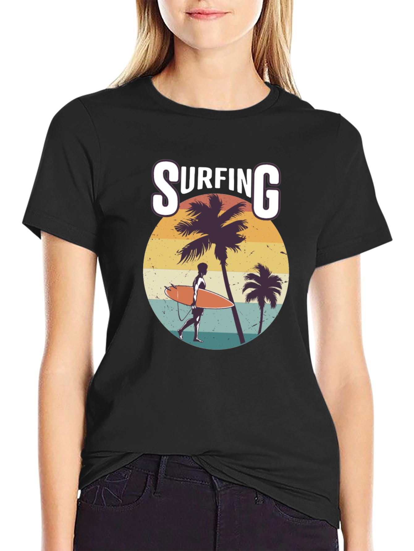 Surfing Graphic Print Black T-Shirt