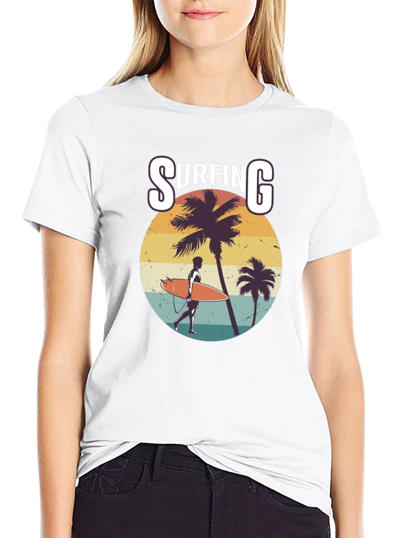 Surfing Graphic Print Black T-Shirt