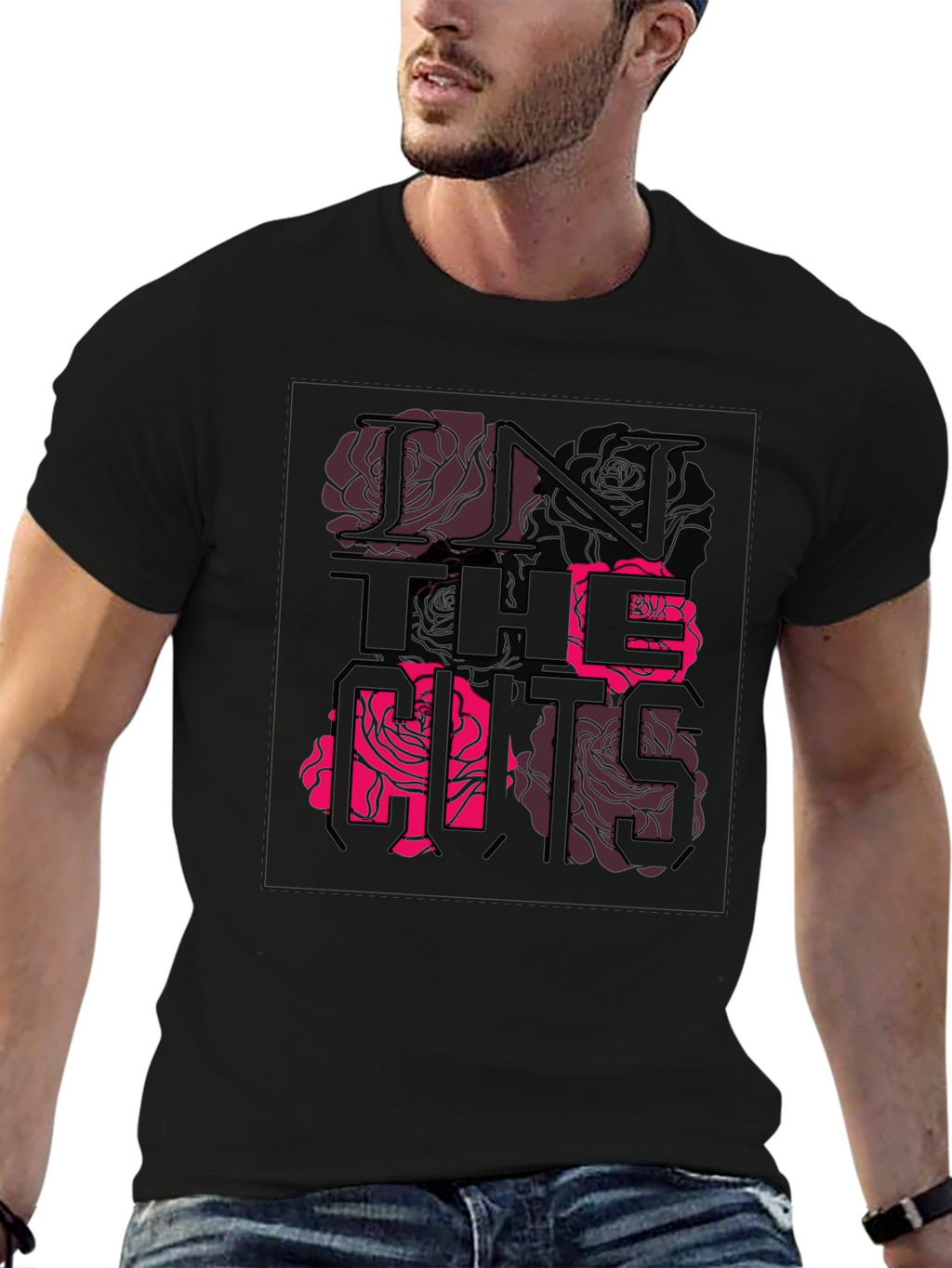 Stylish Black Graphic Tee - Rose Text Design