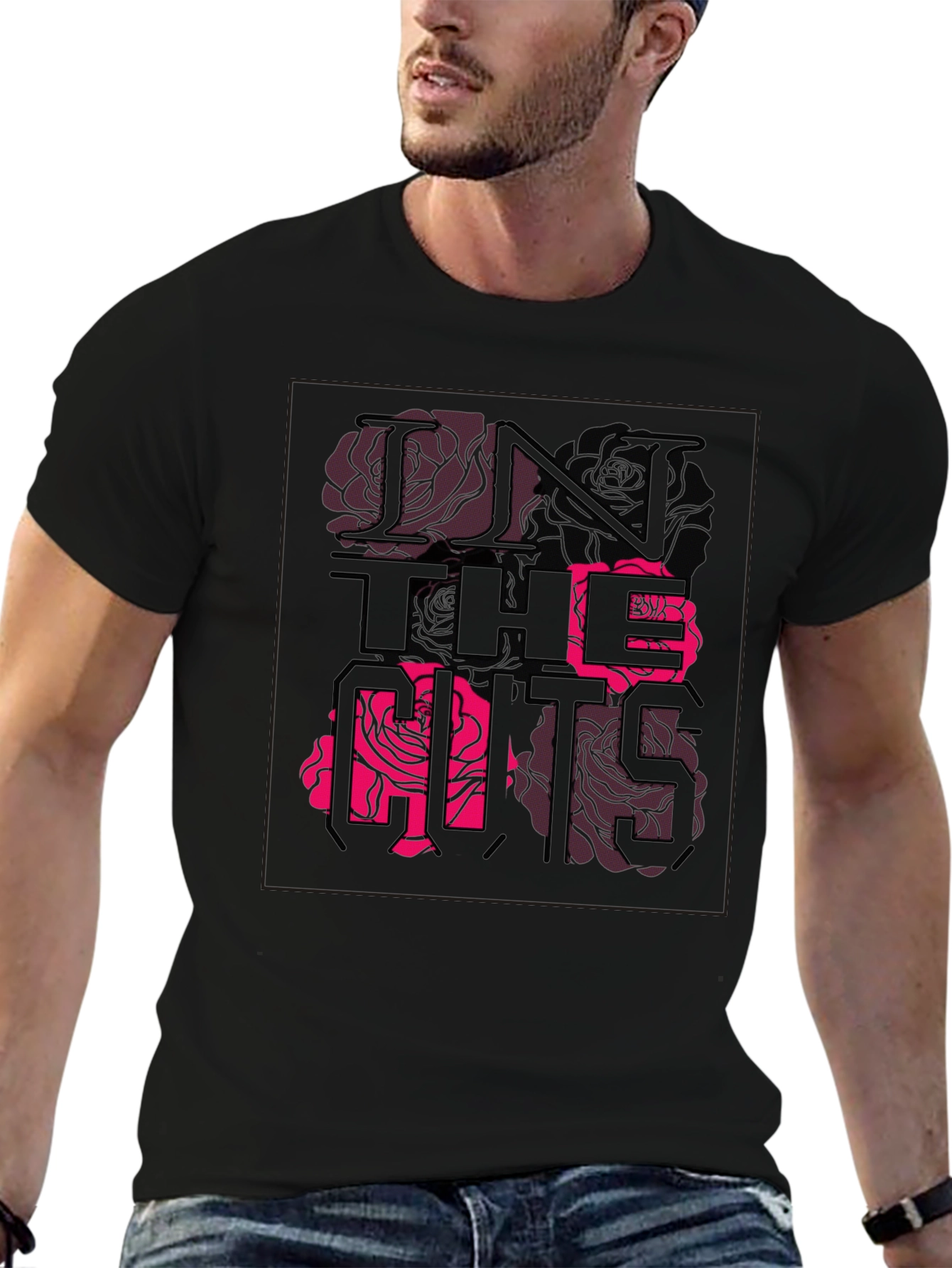 Stylish Black Graphic Tee - Rose Text Design