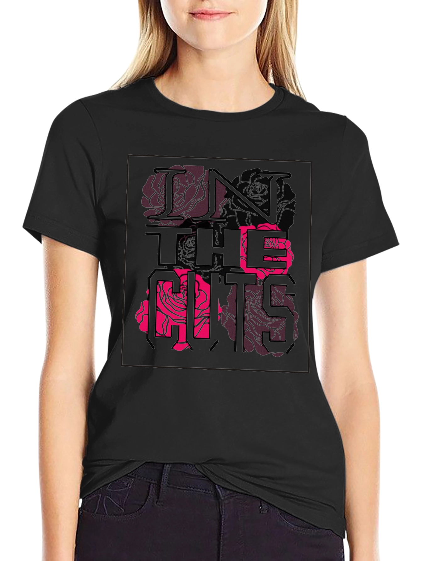 Stylish Black Graphic Tee - Rose Text Design