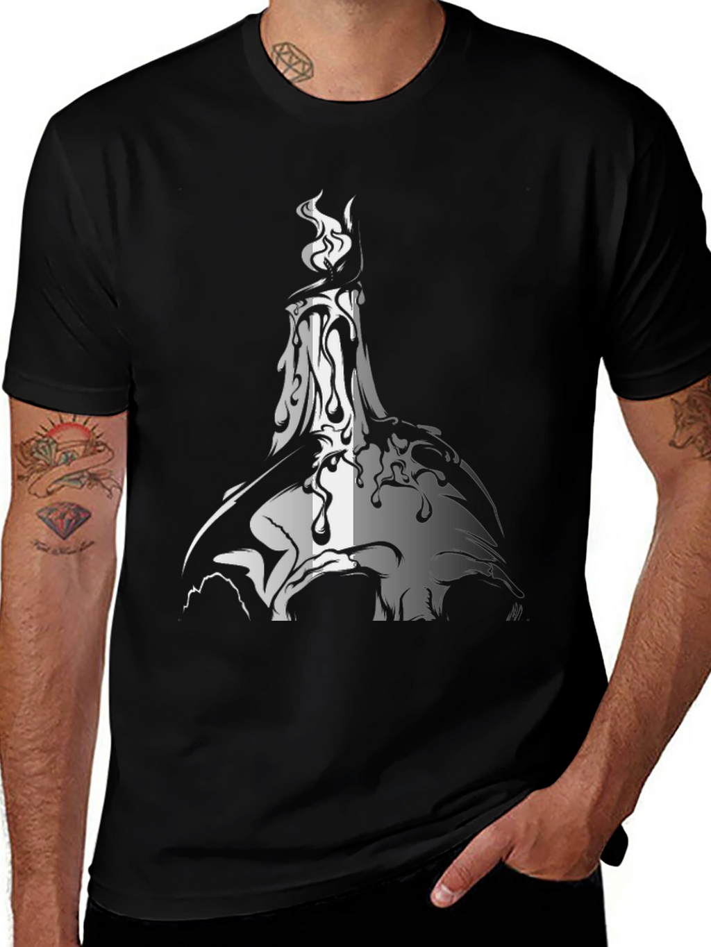 Melting Candle Graphic Print Black T-Shirt