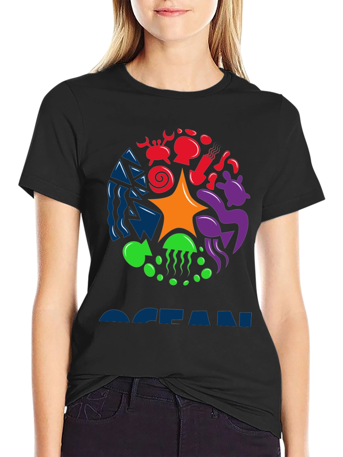 Ocean Life Graphic Tee - Black Cotton T-Shirt