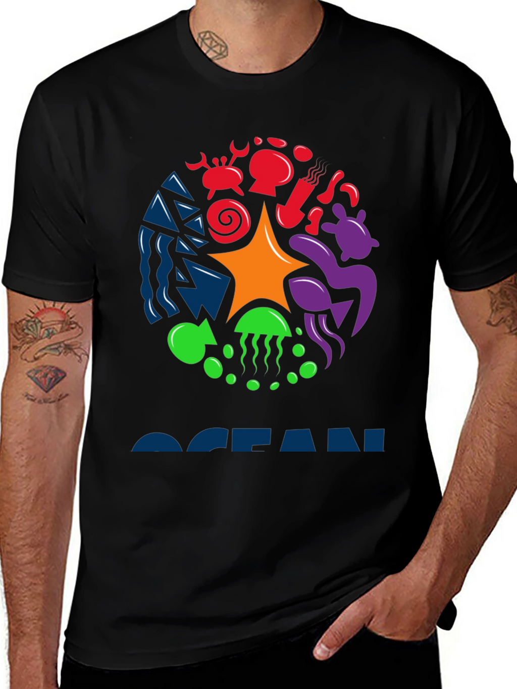 Ocean Life Graphic Tee - Black Cotton T-Shirt