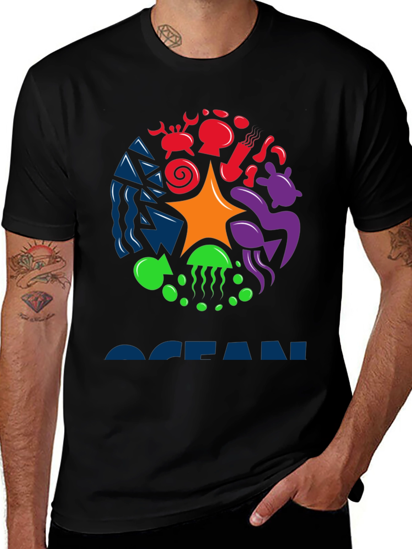 Ocean Life Graphic Tee - Black Cotton T-Shirt